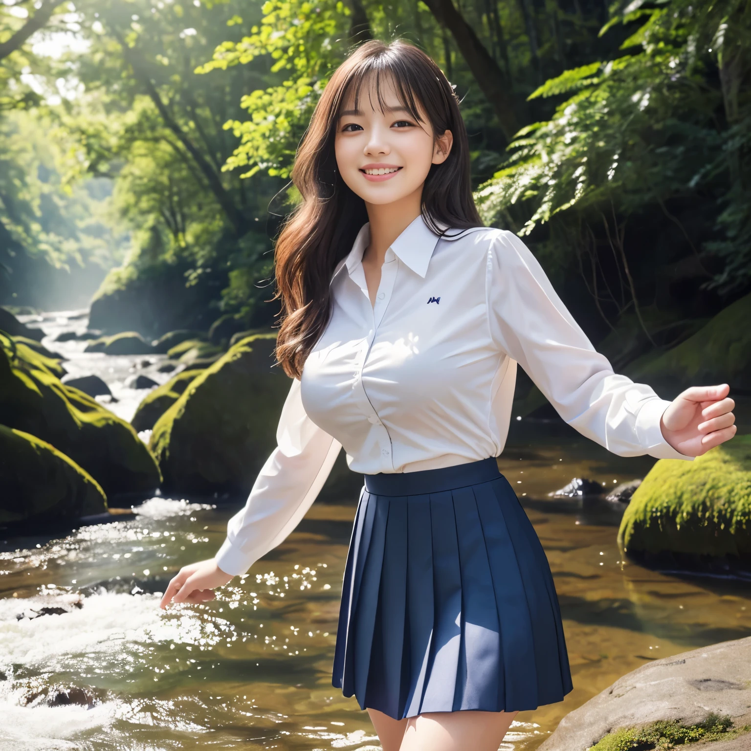 (masterpiece、highest quality、ultra high resolution、8K)、A very beautiful high school girl、(Perfect composition where the girl fits neatly into the frame:1.1)、perfect anatomy、wavy hair、(big breasts:1.2)、(emphasize body line:1.1)、(Perfect high school uniform white shirt:1.15)、(High school uniform navy pleated skirt:1.2)、navy pleated skirt、(High school uniform ribbon on the chest:1.1)、(美しくShining beautiful skin:1.1)、shining hair、valley in the forest、A beautiful river in a mysterious forest、(The most transparent and beautiful river water:1.1)、waterfall in the background、Surrounded by the most magnificent nature、Mysteries of Nature、the most detailed and beautiful river、(Shining beautiful skin:1.1)、(Super high quality beautiful skin:1.1)、beautiful teeth、you with the best smile&#39;someday you&#39;let&#39;s meet、very bright、fresh、cool summer atmosphere、freshな夏、Standing on the river、happy happy pose、In the glittering forest、(Moody and romantic portrait photography:1.2)、blurred background、Surrounded by fantastic light、(Photo above the waist:1.1)
