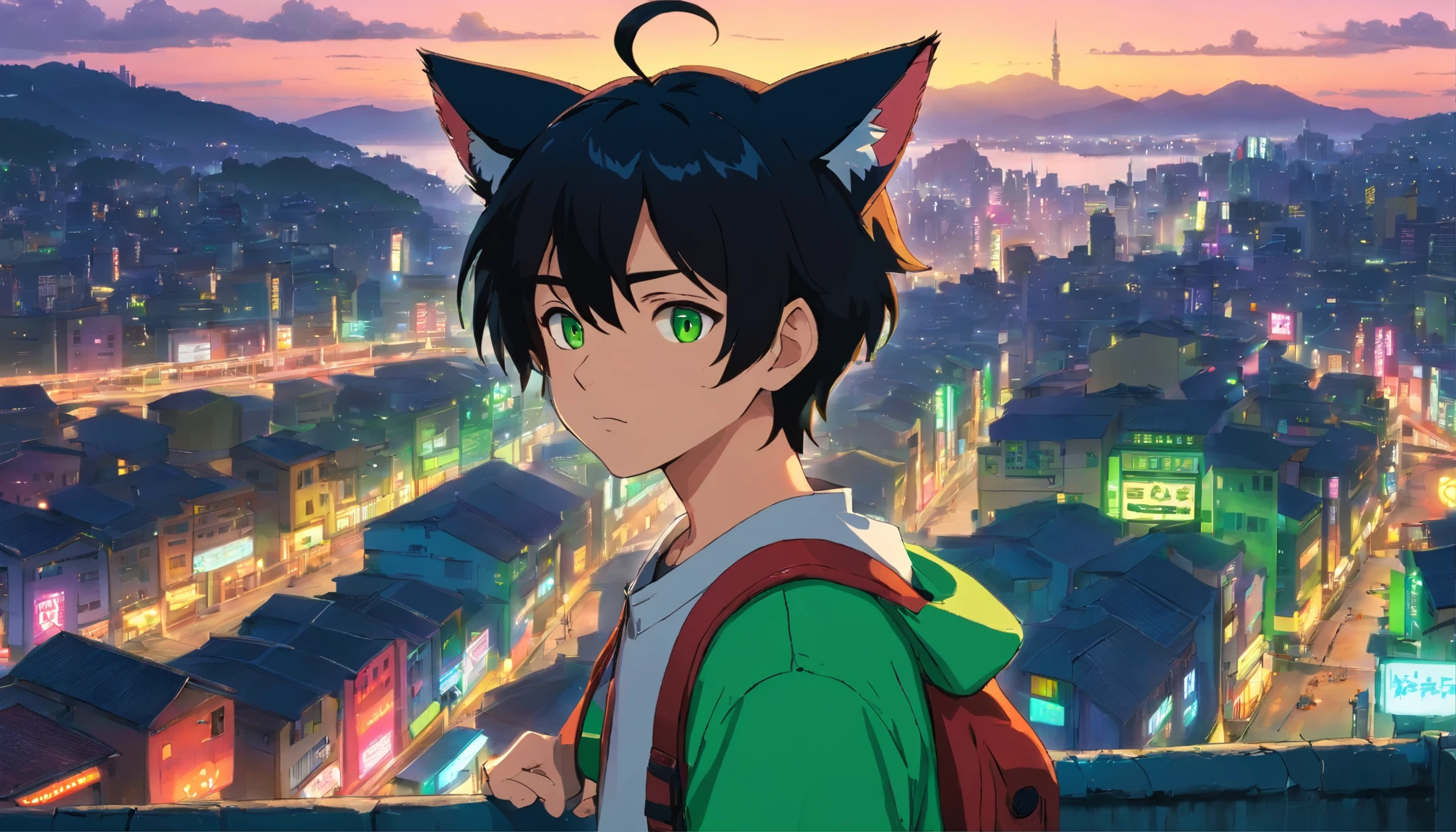 (masterpiece:1.1), (highest quality:1.1), (HDR:1.0), (4k), evening, cityscape, 1boy, solo, cat_ears, ears_down, looking_at_viewer, upper_body, black hair, green_eyes, outdoors, cyberpunk, science_fiction, neon_lights