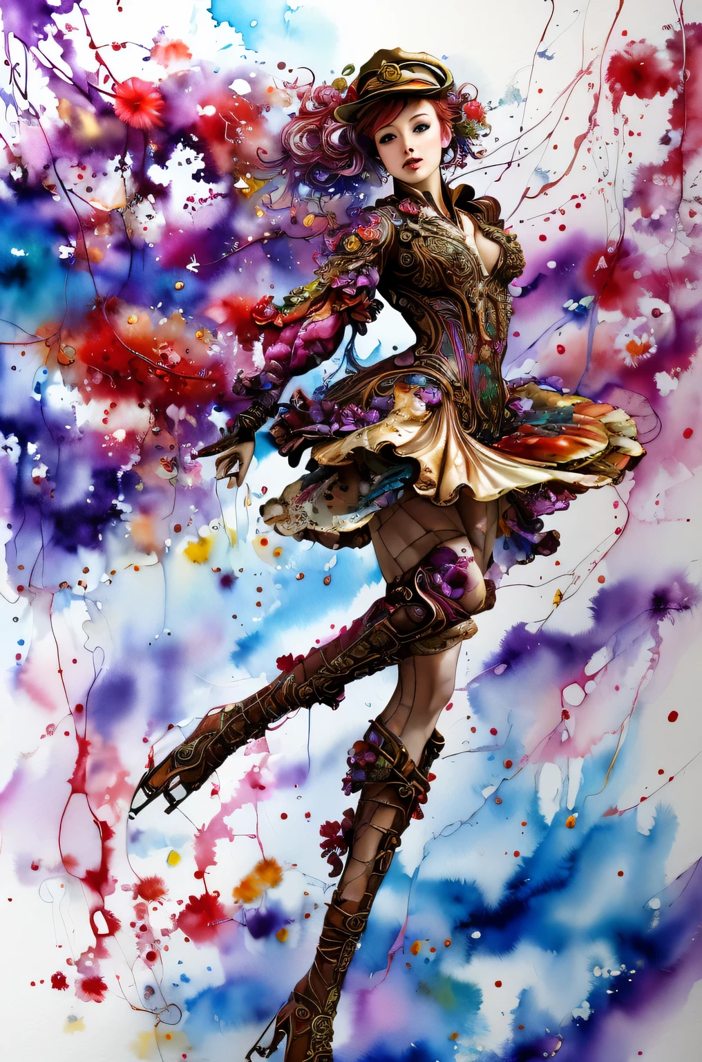 Abstract steampunk figure skater, girl、Full body Esbian、fantastic flower garden, Red and purple, watercolor crazy painting on white canvas, become familiar with, Fine touch, A true masterpiece watercolor painting, Splashes of ice、masterpiece、highest quality、grace、Mysterious、Express fear、detailed description、
