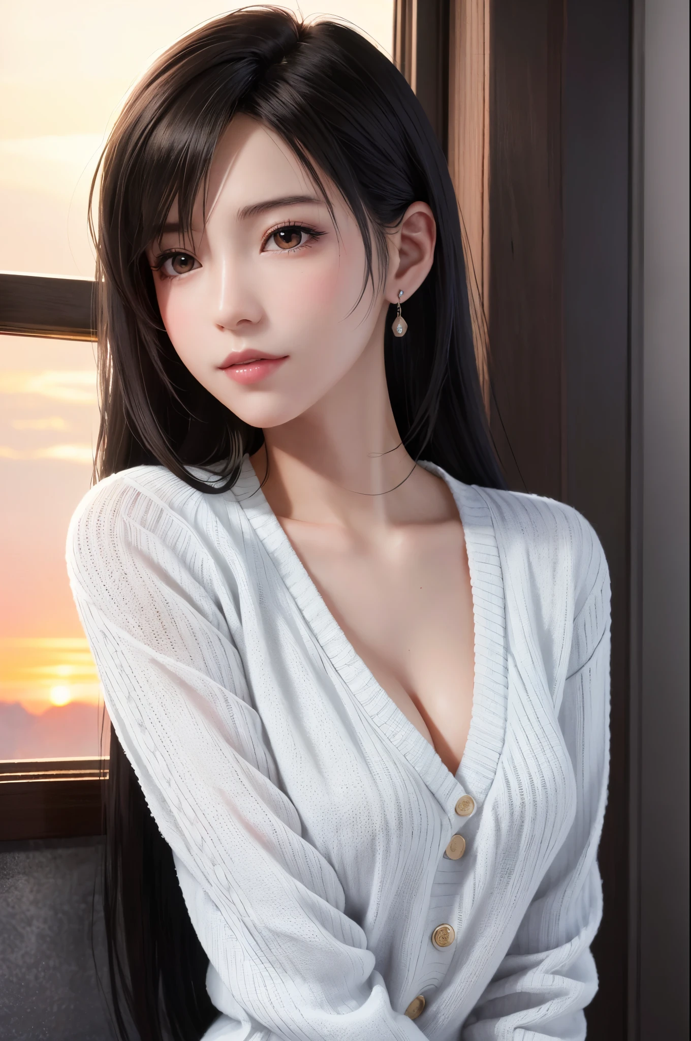 (Top Quality, Masterpiece: 1.1), (Realistic: 1.3), Wallpapers, ultra high res, ultra high quality,  BREAK (((FF7,Tifa_lockhart))),Ultra-detailed face, Detailed eyes,(black Brown Hair, Large breasts: 1.2),(Imaginative Macanese Female Page, background is Unique The Tablets of Stone, at Sunrise), side view:1.2, BREAK (wearing oversized loose sweater, Exquisite cloth, white Clothes, sexy sweater:1.3), clothed, (No Bra) ,(Small and beautiful hard nipple),(shiny oiled skin: 1.1), about 18 years old, BREAK  smile, kawaii,(gravure pose:1.2),cowboy shot 