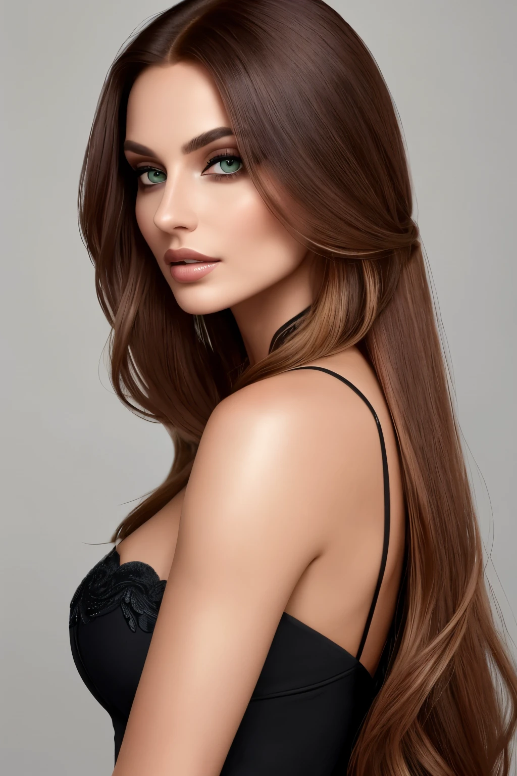 Photo of a European woman, photorealistic and of the highest quality, showcases a stunningly beautiful face with captivating dark-red/blonde balayage hair cascading down in a long, sleek ponytail. The woman, aged 30, boasts mesmerizing green eyes and a radiant, tanned complexion. The image exudes an alluring and glamorous aura, with extreme contrast, as she dons black smokey eye shadow, emphasizing her seductive and enchanting features. The full-length photo captures every detail, from her centered stance and elegant posture, to the intricacies of her hair, creating an irresist