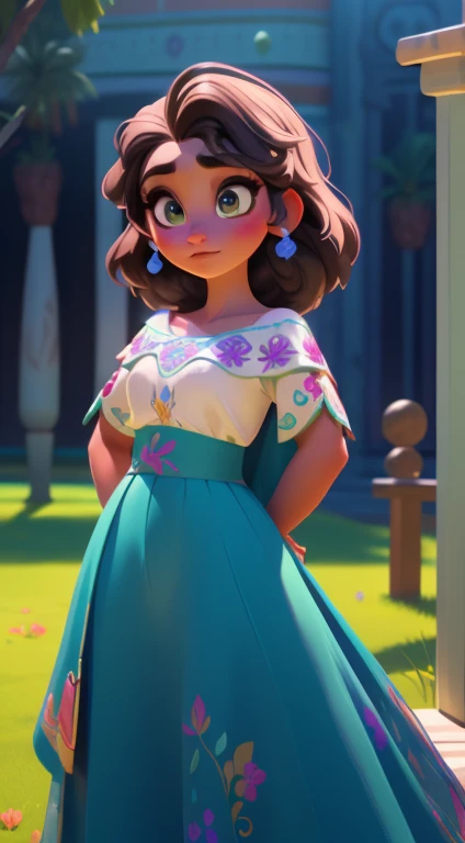 Elsa-Mirabel Fusion, Mesclando modelos, Roupas da Mirabel, melting, 1girl, Beautiful, Character, Woman, Female, (master part:1.2), (melhor qualidade:1.2), (Solo:1.2), ((pose de luta)), ((campo de batalha)), cinemactic, olhos perfeitos, pele perfeita, perfect lighting, sorrir, luz, cor, pele texturizada, detalhe, Beleza, maravilha, ultra-detalhado, rosto perfeito