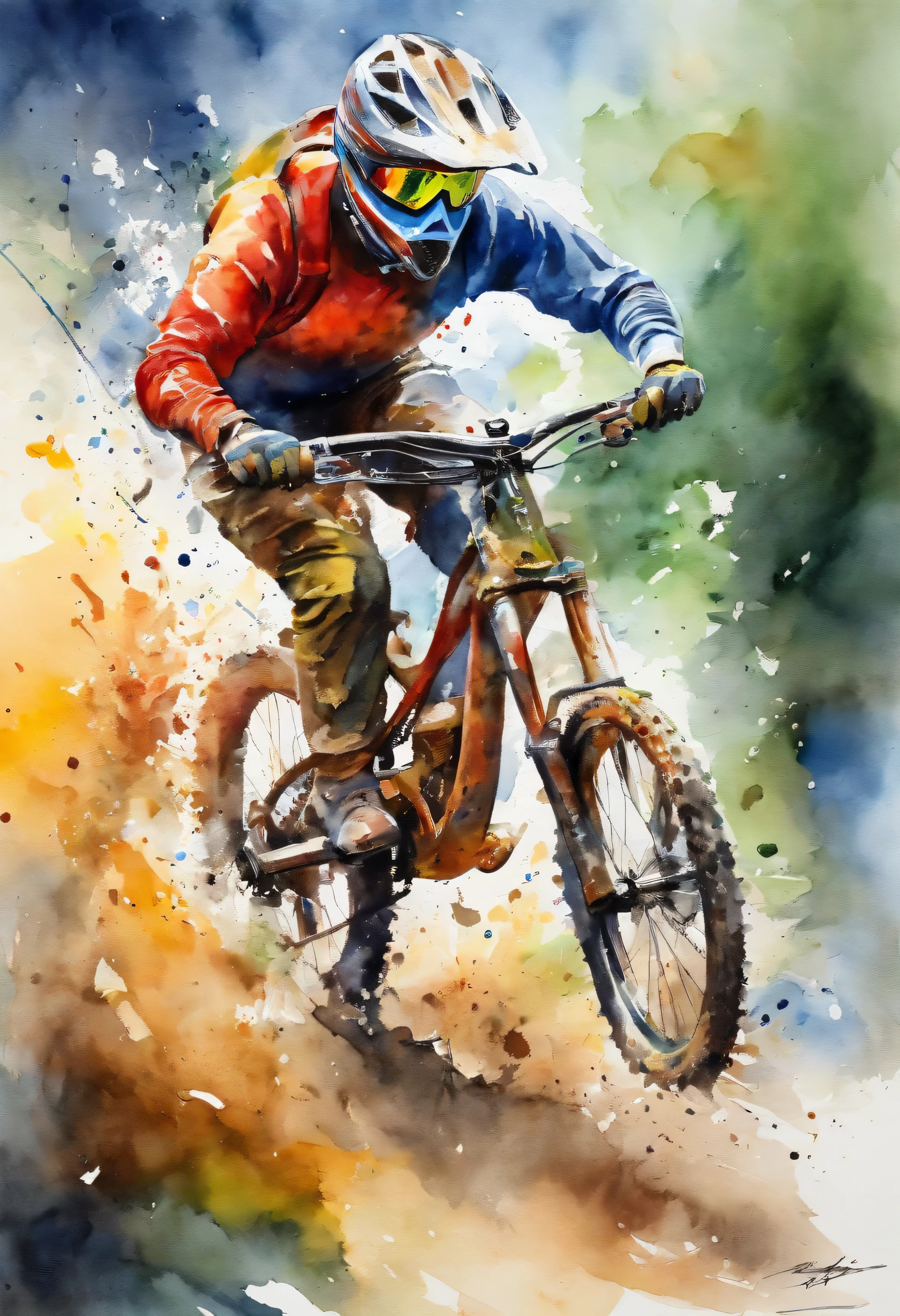 "(best quality,high resolution),Champion de VTT de descente en action, explosion vibrante de peinture, dynamique et rapide, close-up view"