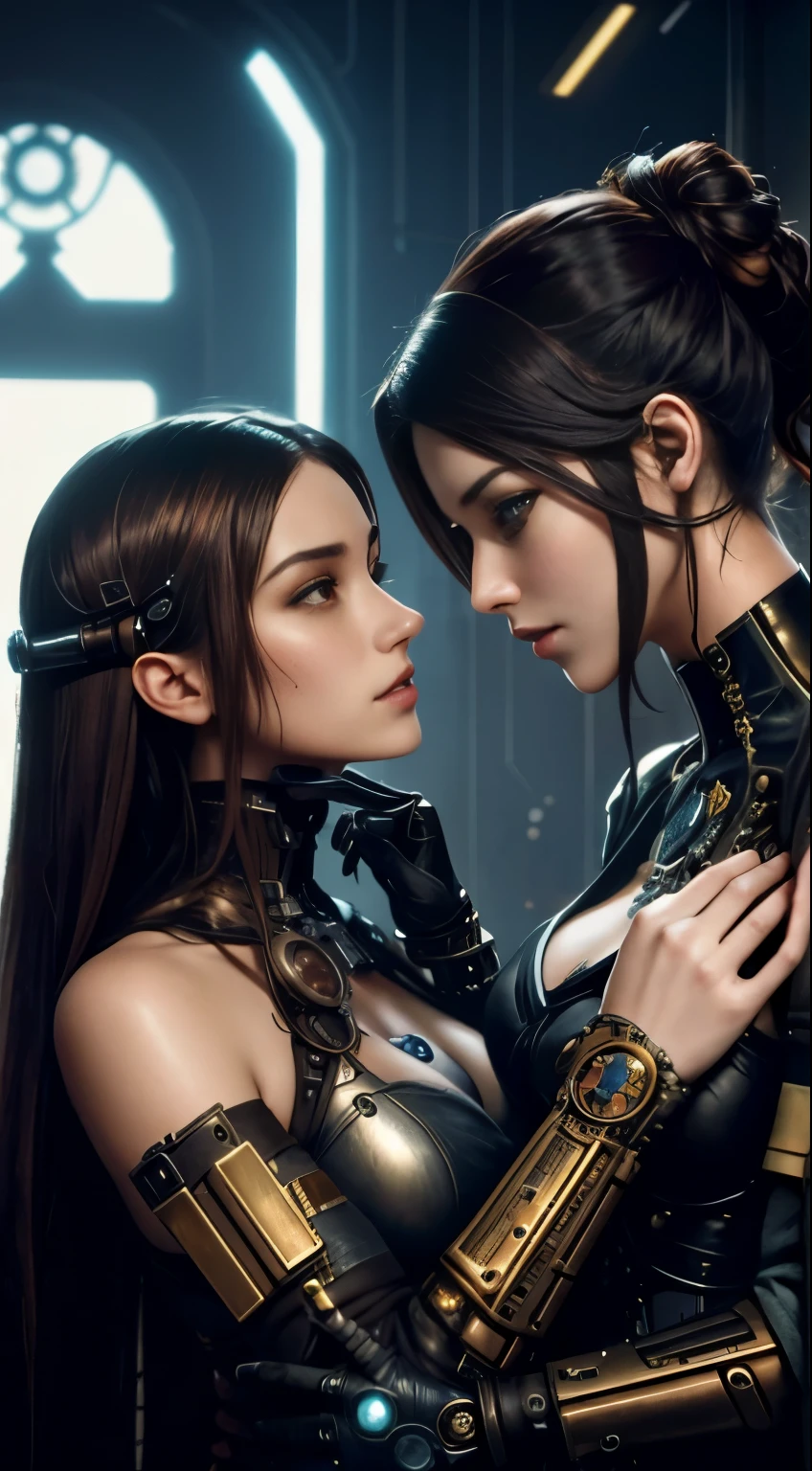a beautiful steampunk cyborg girl and a beautiful futuristic cyberpunk cyborg girl, face to face, they are caressing each other