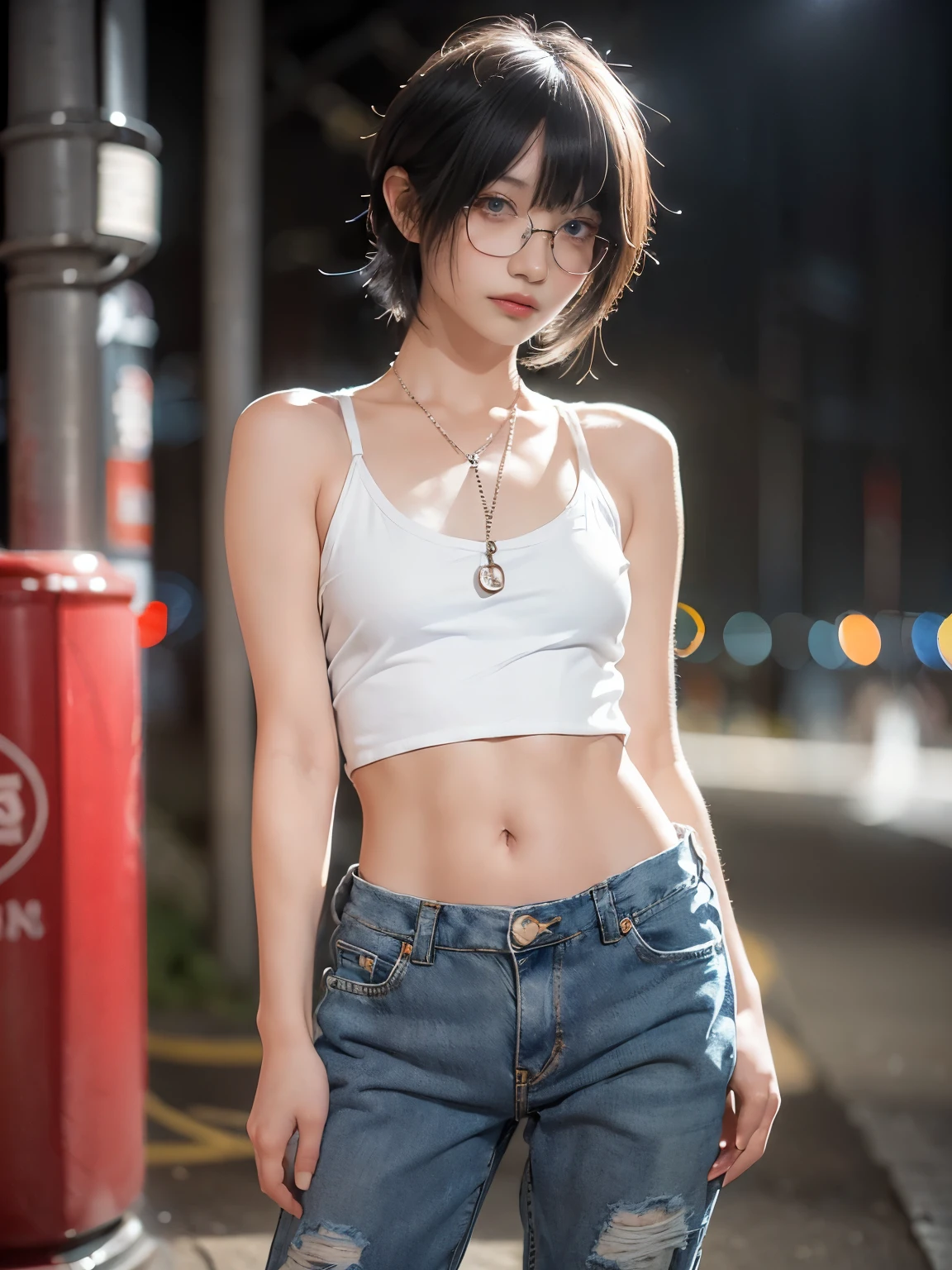 raw photo, 8k, (top-quality), Realistic, (real picture, Intricate details), (natural skin texture, detailed skin, hyper realism, sharpness), (Japanese girl standing in a dirty back alley at night, graffitied wall:1.3, hand in pocket), ((white tight tank top, Distressed denim pants, low rise baggy pants)), (((flat chest:1.5))) , (pale skin), ((shorthair, short bangs)), (glasses, seductive face, Parted lips:1.3), thigh, graffiti:1.5, trash can, night time, spot lighting:1.3, Full body shot