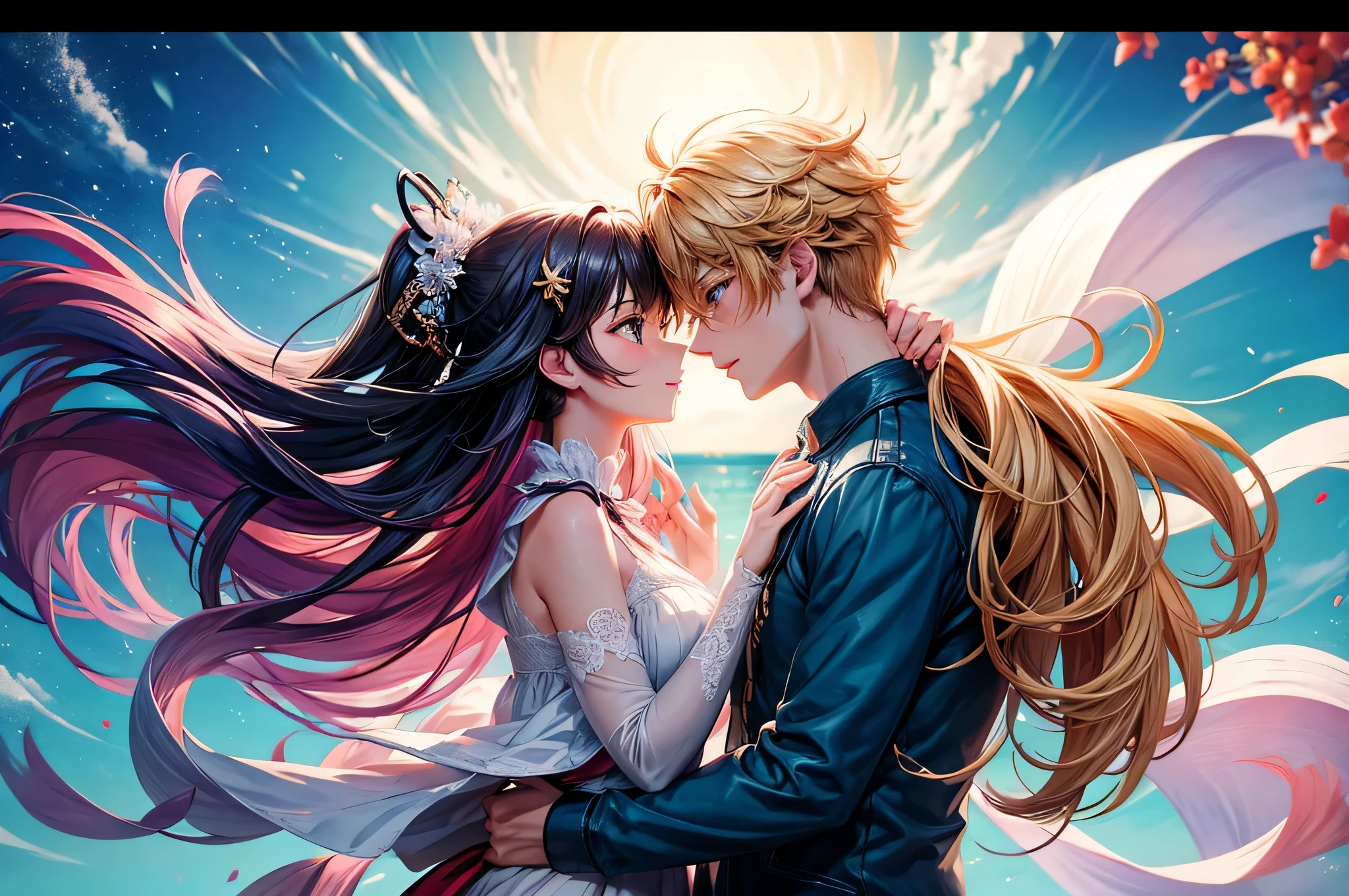 **In an emotional farewell atmosphere, a couple of friends hug each other tightly next to a spaceship. There are only the two of them, with no one else around. The boy is tall and adult, with messy black hair and deep black eyes, wearing a Dragon Ball Z style battle suit, that highlights his strong and determined figure. The girl, shorter than him, He has bright blonde hair, hairstyles in two low pigtails decorated with pink ribbons. His blue eyes reflect a mix of sadness and determination.. She is wearing a pink jumpsuit-type dress that gives her an air of innocence and tenderness..They are on a deserted launch pad, with the imposing spaceship at his side, ready to go. The atmosphere is charged with emotions, with the sky tinted a soft orange tone by the sunset. The soft wind slightly moves the girl's hair and the ribbons of her dress., as they both hold on to each other, knowing that this farewell could be final.The art style should capture the essence of Dragon Ball Z, with dynamic and expressive lines that highlight the intensity of the moment. The scene must convey the loneliness of his farewell, the deep connection between the two friends, and the uncertainty of the future that lies ahead.**