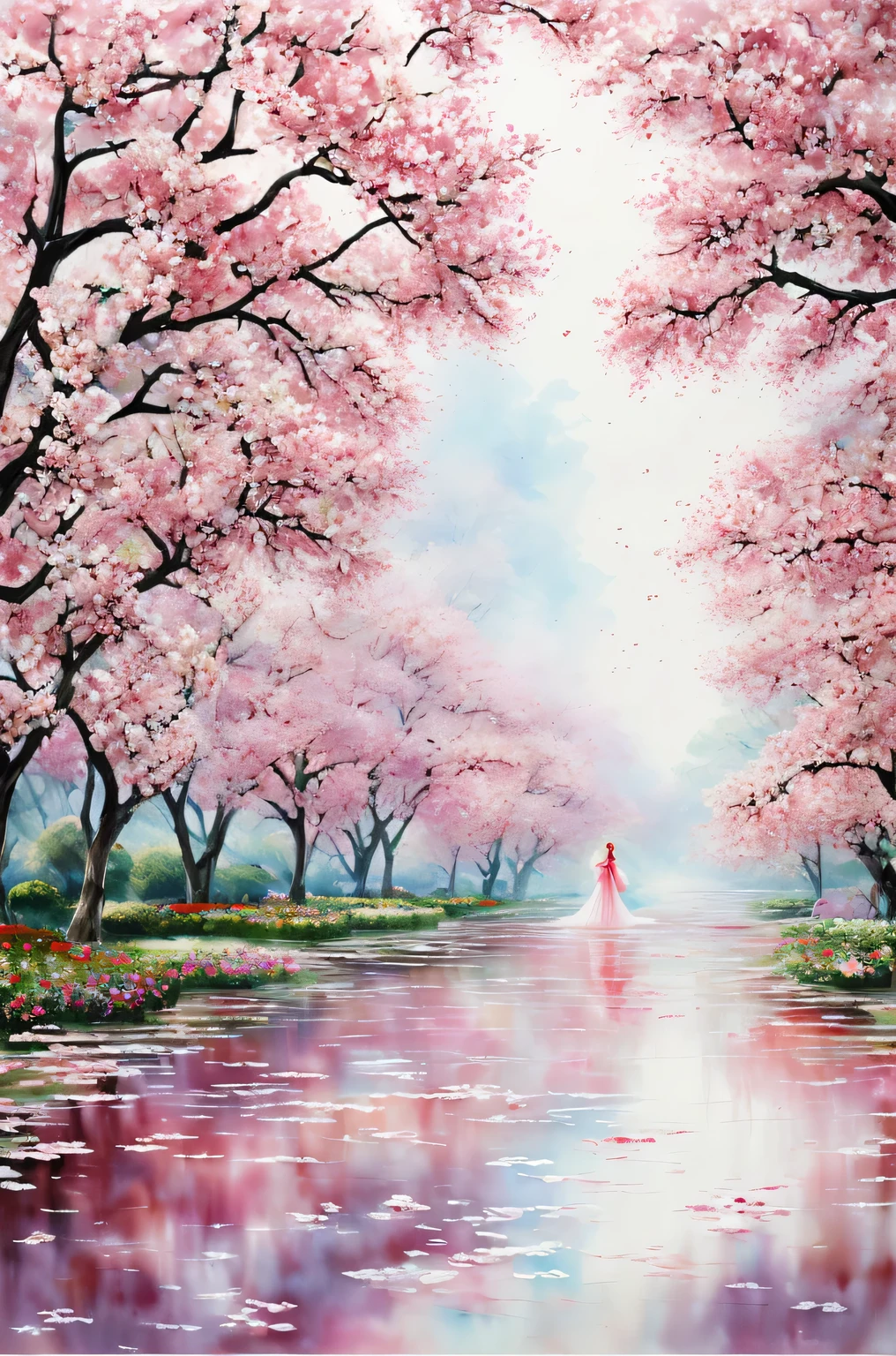 girl、Feel the arrival of spring、fantastic flower garden, red and pink, watercolor crazy painting on white canvas, become familiar with, Fine touch, A true masterpiece watercolor painting, flying petals、masterpiece、highest quality、grace、Mysterious、express joy、detailed description、