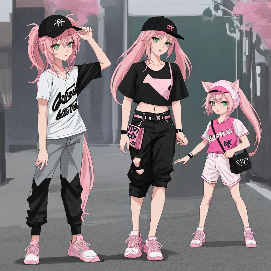 anime SPYxFAMILY，Anya Forger，pink hair,green eyes,5 ,Hair that only reaches shoulders，Full body pictureStand straight，Front view，
Stylish baseball uniform in black and white，stylish pants，Baseball cap with animal ears，fashion,Two dimensions，Stylish sneakers