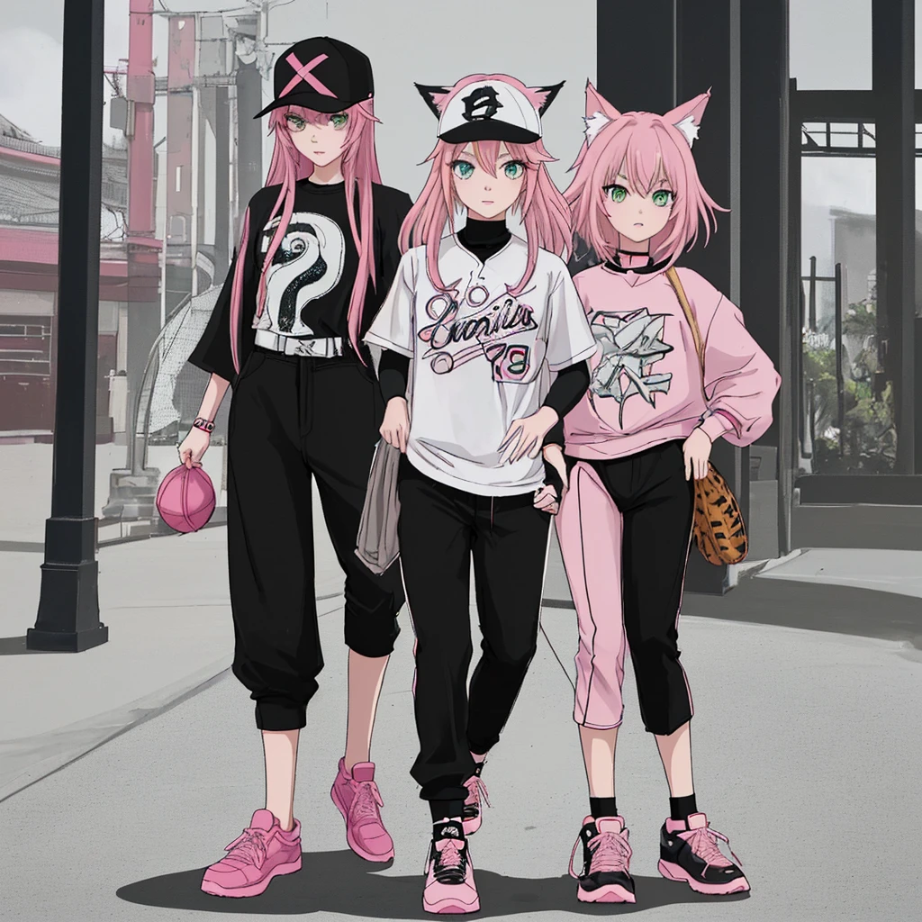 anime SPYxFAMILY，Anya Forger，pink hair,green eyes,5 ,Hair that only reaches shoulders，Full body pictureStand straight，Front view，
Stylish baseball uniform in black and white，stylish pants，Baseball cap with animal ears，fashion,Two dimensions，Stylish sneakers