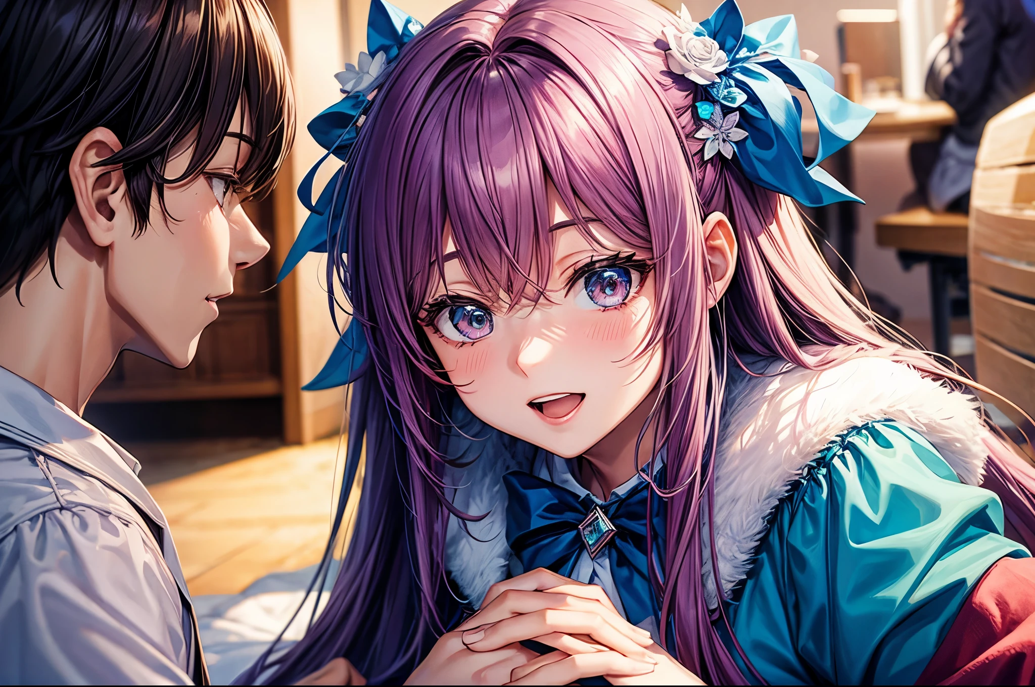 Cute couple in love. Romantic wallpaper. Anime style characters,colorful