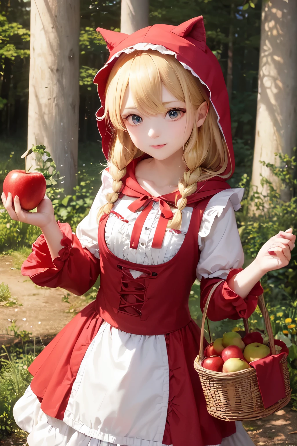 (8K, ベストクォリティ, マステピース:1.2)、超高解像度、One very cute girl, super detailed face, detailed eyes,blond hair,blunt bang,twin braid, "Little Red Riding Hood" from Grimm's fairy tale, bustier, white apron, Lolita fashion, red hooded hood, holding a basket of apples in her right hand and an apple in her left, forest, cinema lighting, 誘惑,詳細な手指,wolf watching from a distance