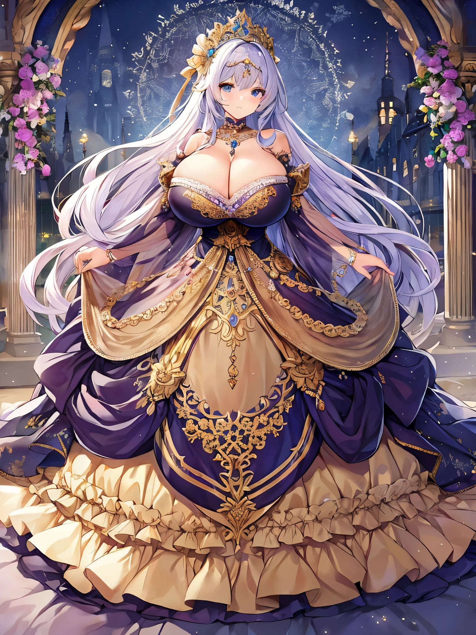 anime artstyle,Masterpiece,Best Quality,Super Detail,((Very Delicate and Beautiful)),(((1 princess in beautiful embroidery and jeweled gorgeous rococo ballgown with voluminous hoop skirt))),((Solo)),((winter garden with snow,sonw,sky)),((outdoor)),(((full body))),(very gigantic tits,cleavage:1.7),((gigantic tits,cleavage,sagging tits)),skindentation,(detailed face and eyes),jewel-like eyes,((extremely voluminous straight Hair,Extremely Long Straight Hair)),((gorgeousfull embroidery and lace,beautiful embroidery and jeweled)),Gorgeous Gemstone Jewelry,gorgeous corsage,((gorgeous hair ornament,glitter jeweled gorgeous big tiara)),((full body)),((beautiful embroidery and jeweled gorgeous rococo ballgown with voluminous hoop skirt)),(crinoline),((winter garden with snow,sonw,snowflake,outdoor,sky)),Looking at viewer,dynamic angle,(((beautiful embroidery and jeweled gorgeous rococo ballgown with voluminous hoop skirt))),(gorgeous rococo ballgown),(full body)