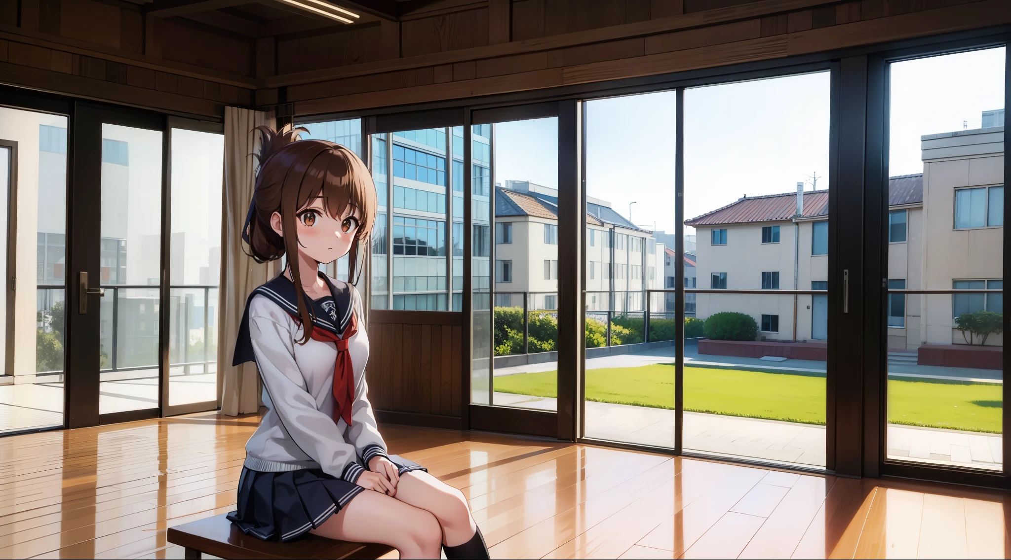 gymnasium with windows,center image,Detailed photos,single building,frontage,modern gymnasium,Architecture concepts,Entire building,Sports facilities,actual sina,I am sitting on the floor of the school gymnasium and observing classes because I am not feeling well.,(masterpiece, best quality:1.2),illustration,8k,hd,1girl,solo,upper body,(portrait:1.2),brown_hair,folded_ponytail,brown_eyes,serafuku,long_hair,school_uniform,skirt,pleated_skirt,