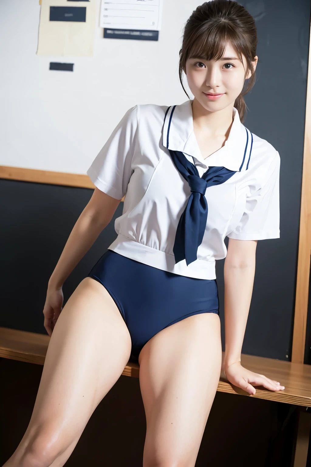 Girl Standing In School Classroom,White shirt over navy blue school swimsuit with white trim dress,18year old,Bangs,A little smile,thighs thighs thighs thighs,Knees,Crotch,Low ponytail,From below