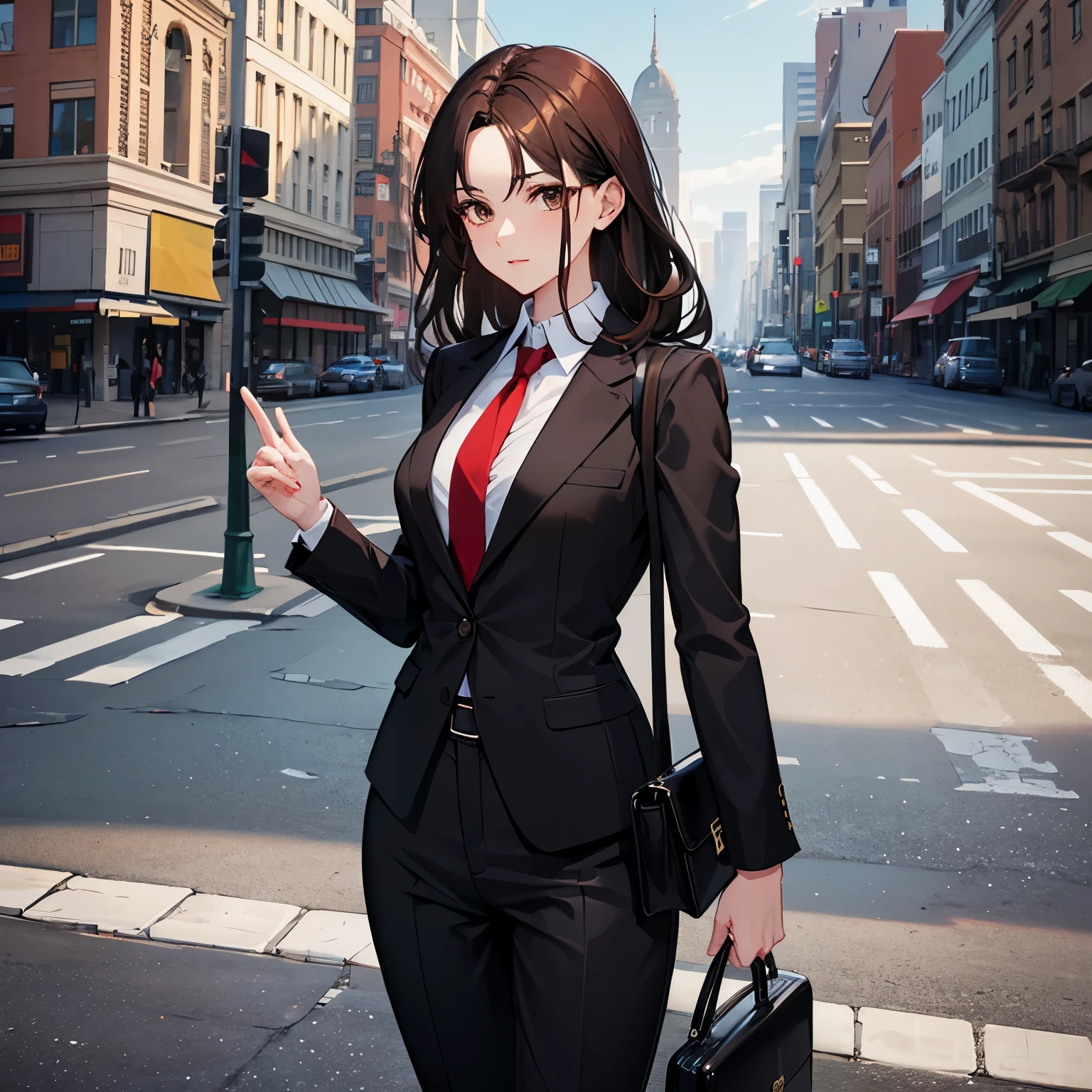 dark brown hair dark brown eyes black business suit red tie pants woman in her 30s black business bag very small breasts medium hair without bangs