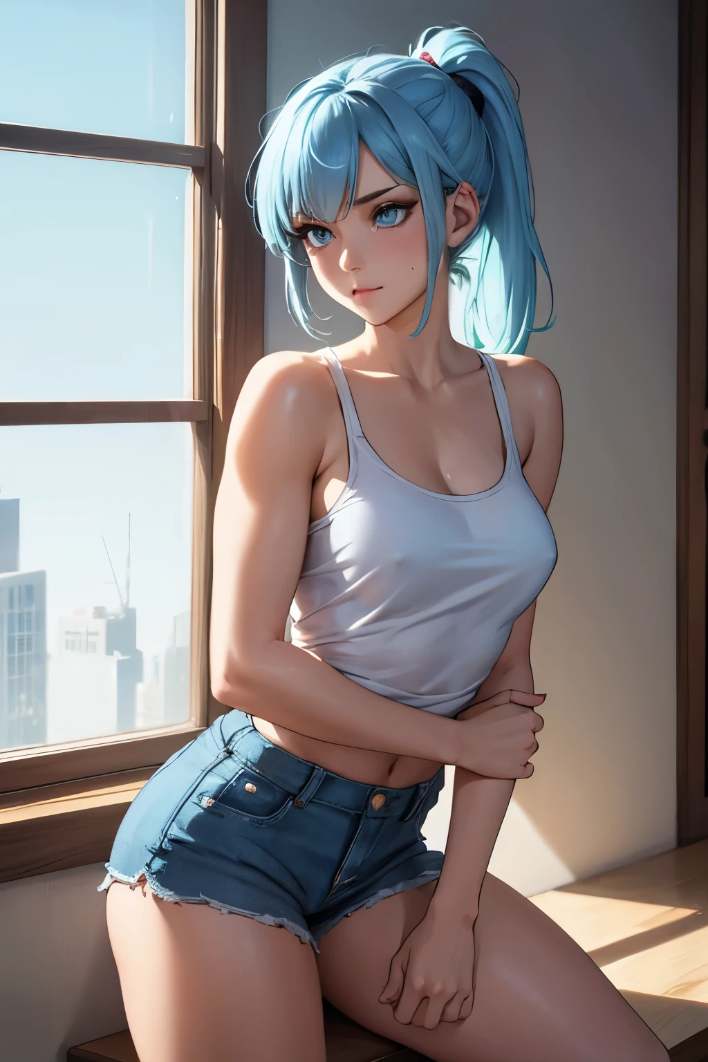 Hand-drawn art, conceptual art, detailed sketch, sketch drawing, manga art style, young woman with French features, with white tank top and short shorts, long light blue hair in ponytail style, blue eyes, strong and defined muscles, in sensual pose