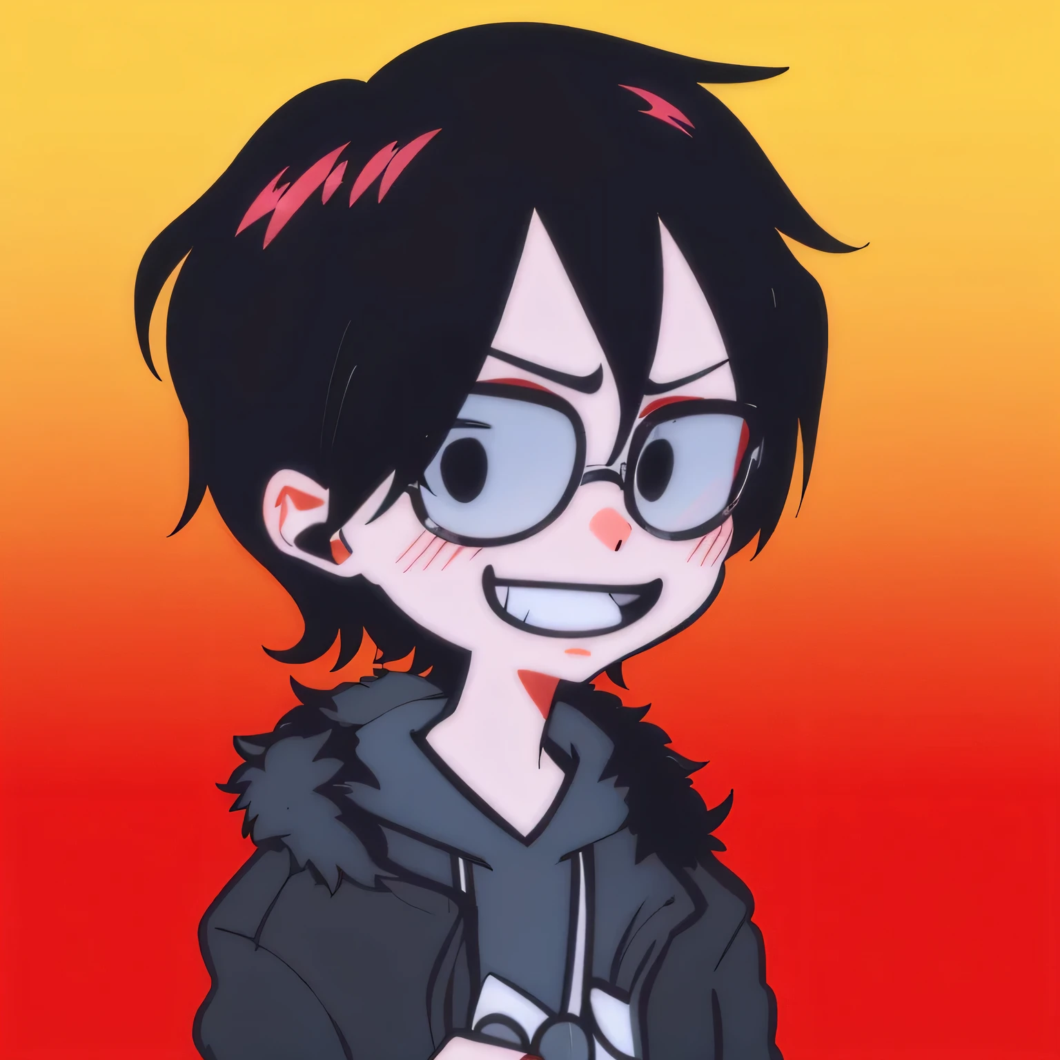 anime boy with glasses and a black jacket with red and yellow background, estilo de arte anime moe, em estilo anime, Estilo anime 2D, estilo anime plano, estilo de arte kentaro miura, [[[[sorrindo maldosamente]]]], estilo anime plano sombreamento, It's not ANIME style, Kentaro Miura manga art style, personagem de estilo anime