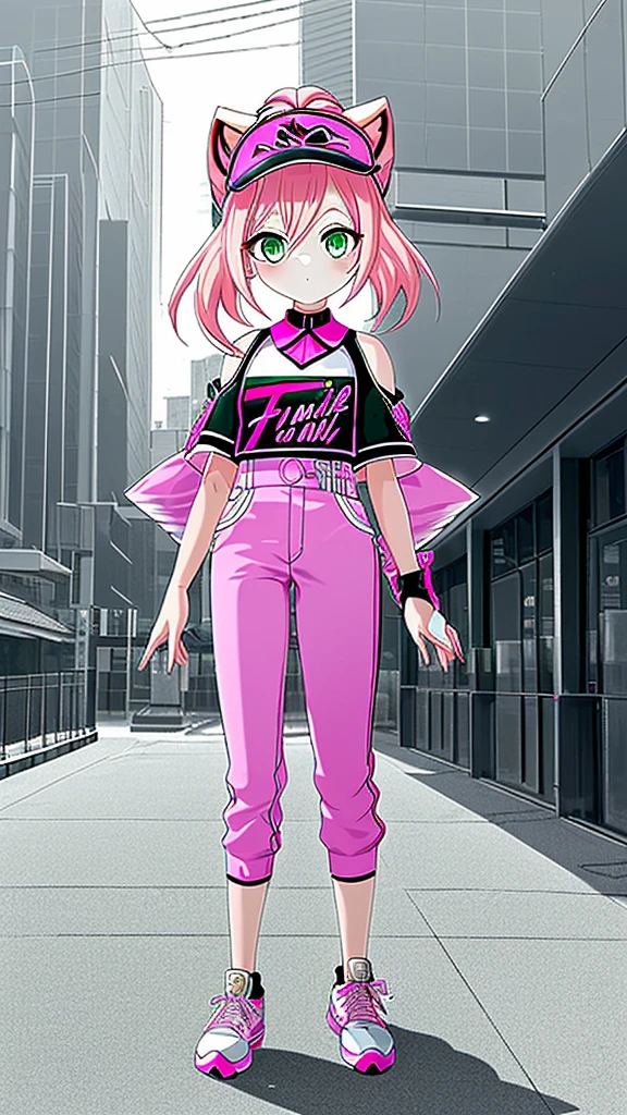 anime SPYxFAMILY，Anya Forger，pink hair,green eyes,5 years old,Hair that only reaches shoulders，Full body pictureStand straight，Front view， Stylish baseball uniform in black and white，stylish pants，Baseball cap with animal ears，fashion,Two dimensions，Stylish sneakers，a girl，hair down