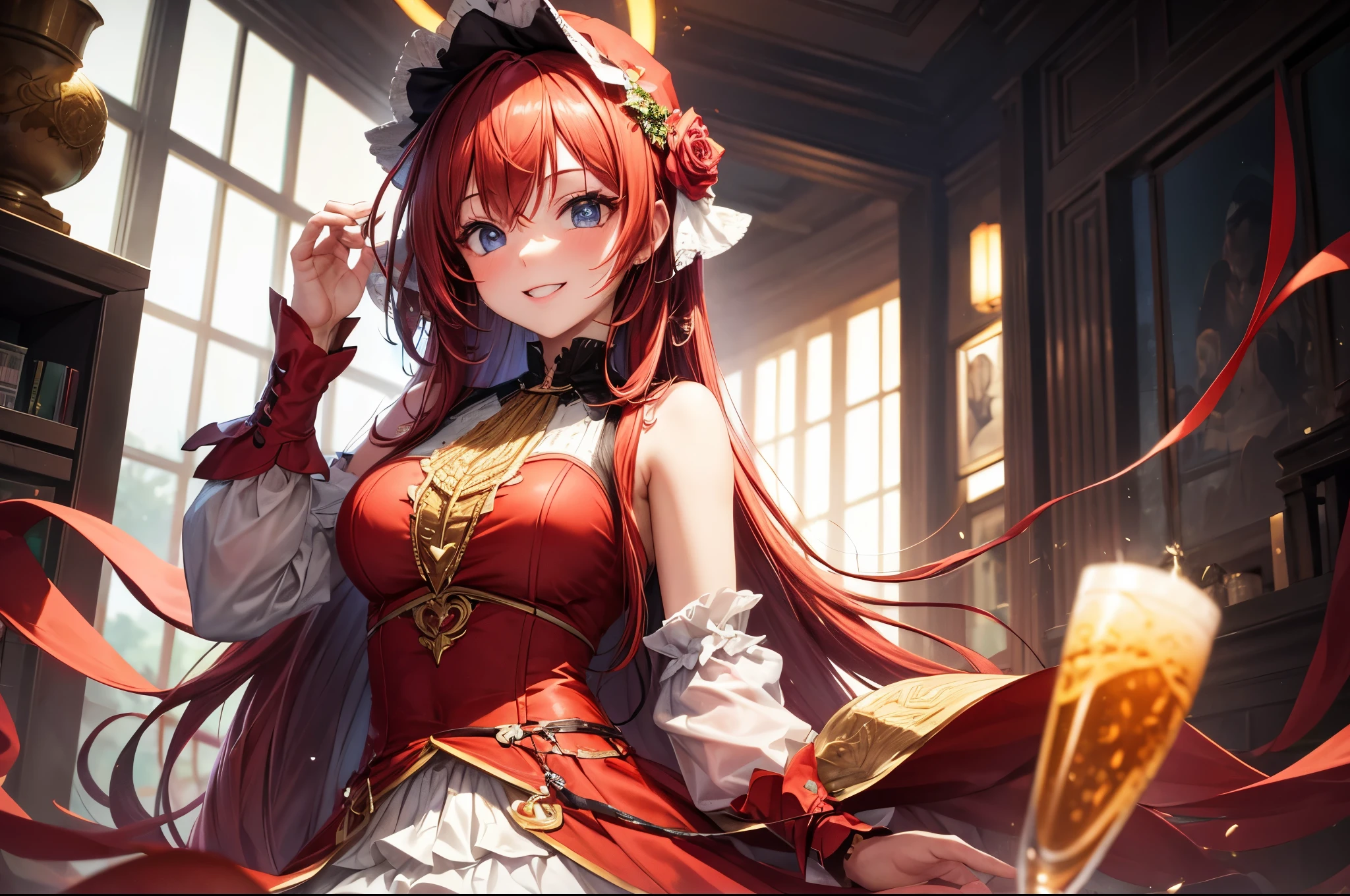 highly detailed, 8k, masterpiece, 1girl, Red tied_hair, dress , crazy_smile, (perfect_face), detailed_background, full_body, bloom,(beautiful lighting:1.3), caustics, dynamic lighting, from_below