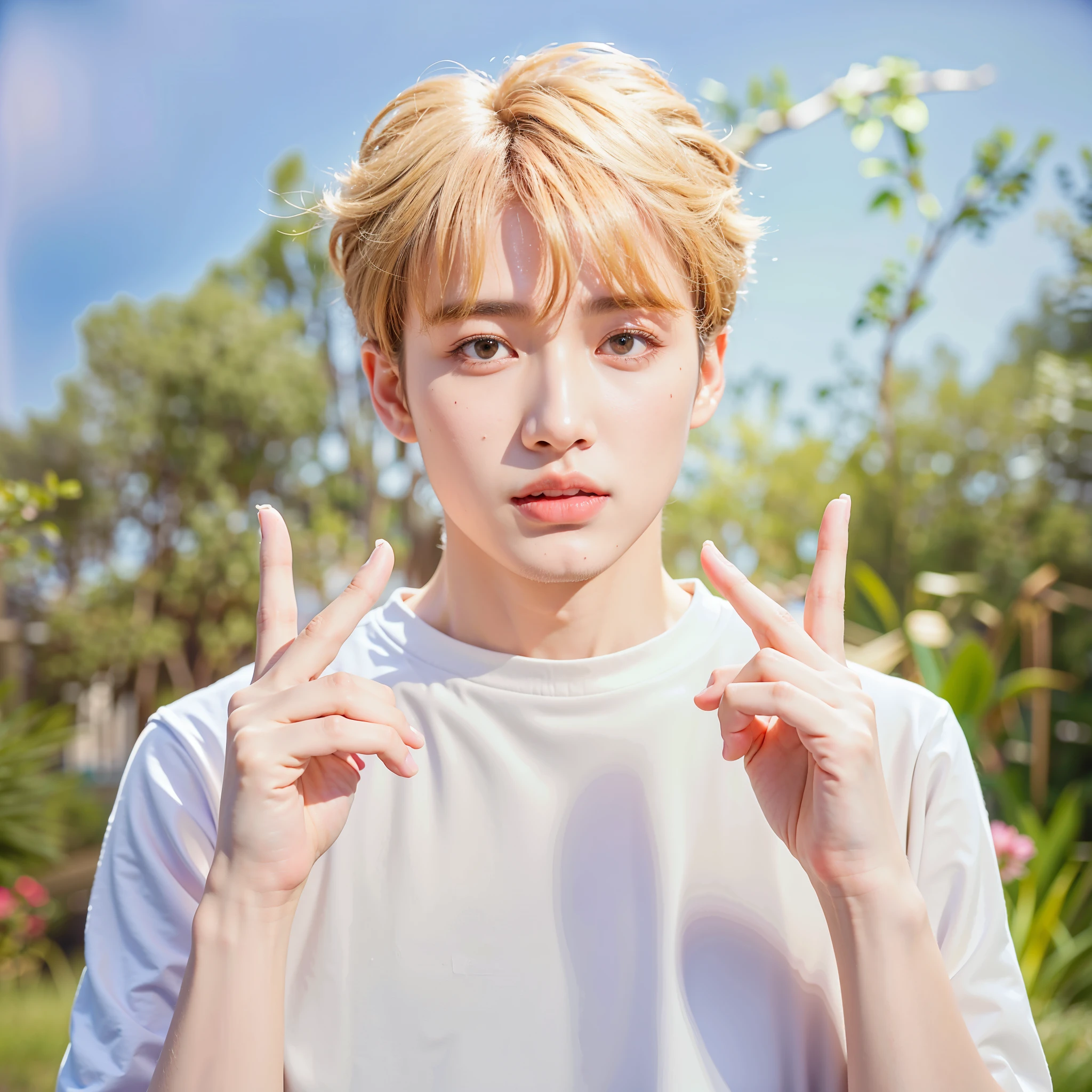 tem um homem loiro fazendo sinal de paz, cai xukun, Jung Jaehyun, kpop idol portrait, Jinyoung Shin, inspirado em Bian Shoumin, Jungkook, dez lee, inspirado em Yanjun Cheng, taejune kim, inspirado em Kun Can, Jimin, sakimichan, olhar inocente, Num dia de sol, Yanjun Chengt, fanart oficial