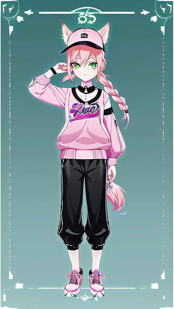 anime SPYxFAMILY,Anya Forger,pink hair,green eyes,,Hair that only reaches shoulders,Full body pictureStand straight,Front view, Stylish baseball uniform in black and white,stylish pants,Baseball cap with animal ears,fashion,Two dimensions,Stylish sneakers,a girl,hair down