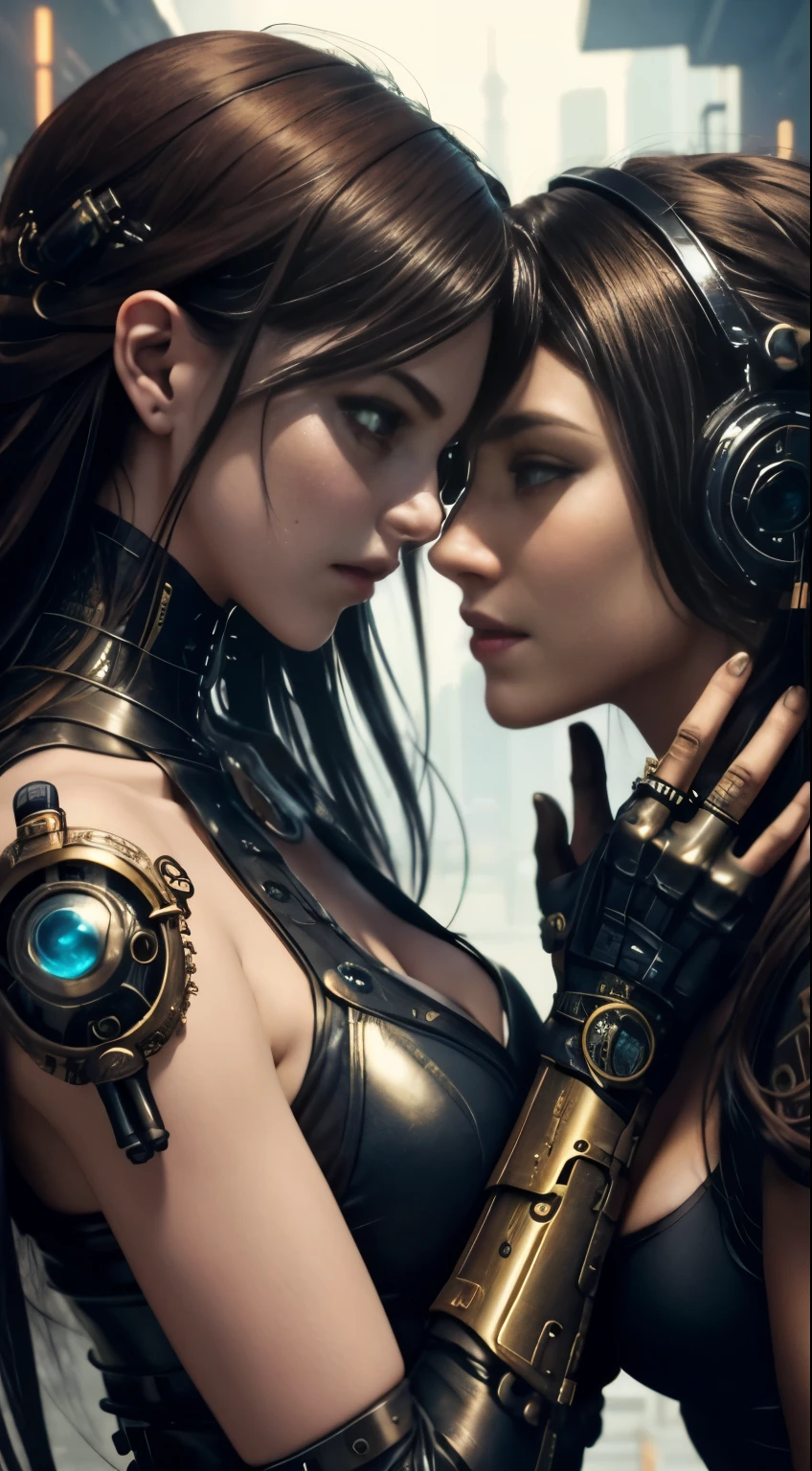 a beautiful steampunk cyborg girl and a beautiful futuristic cyberpunk cyborg girl, face to face, they are caressing each other