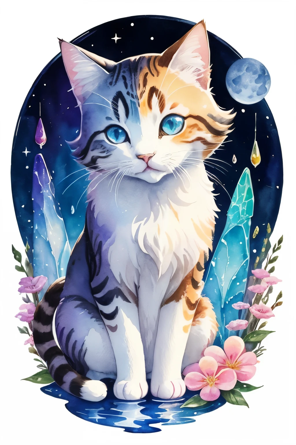 ((animal,watercolor painting,Cat,白Cat,Munchkin,cute)),柄のないCat,白いふわふわの子Cat,colorful flower art,blue eyes, mouth open, indoor,front view, action shot, Bright colors, high detail, logo design, Neo-Traditional Tattoo Styles, 2D, planar vector, Character Design, fantasy art, watercolor paintingのテクニック,watercolor effect, glitter effect,colorful, 花びらに浮かぶ優しいwater droplets,The moon is shining,star, water droplets,shine,digital painting, pop,fancy, sticker
