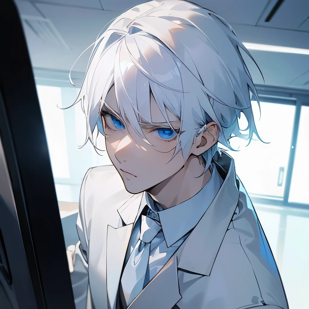 Boy, white hair, blue eyes, white skin, adult, formal style, tall, sharp features, serious personality, in an office