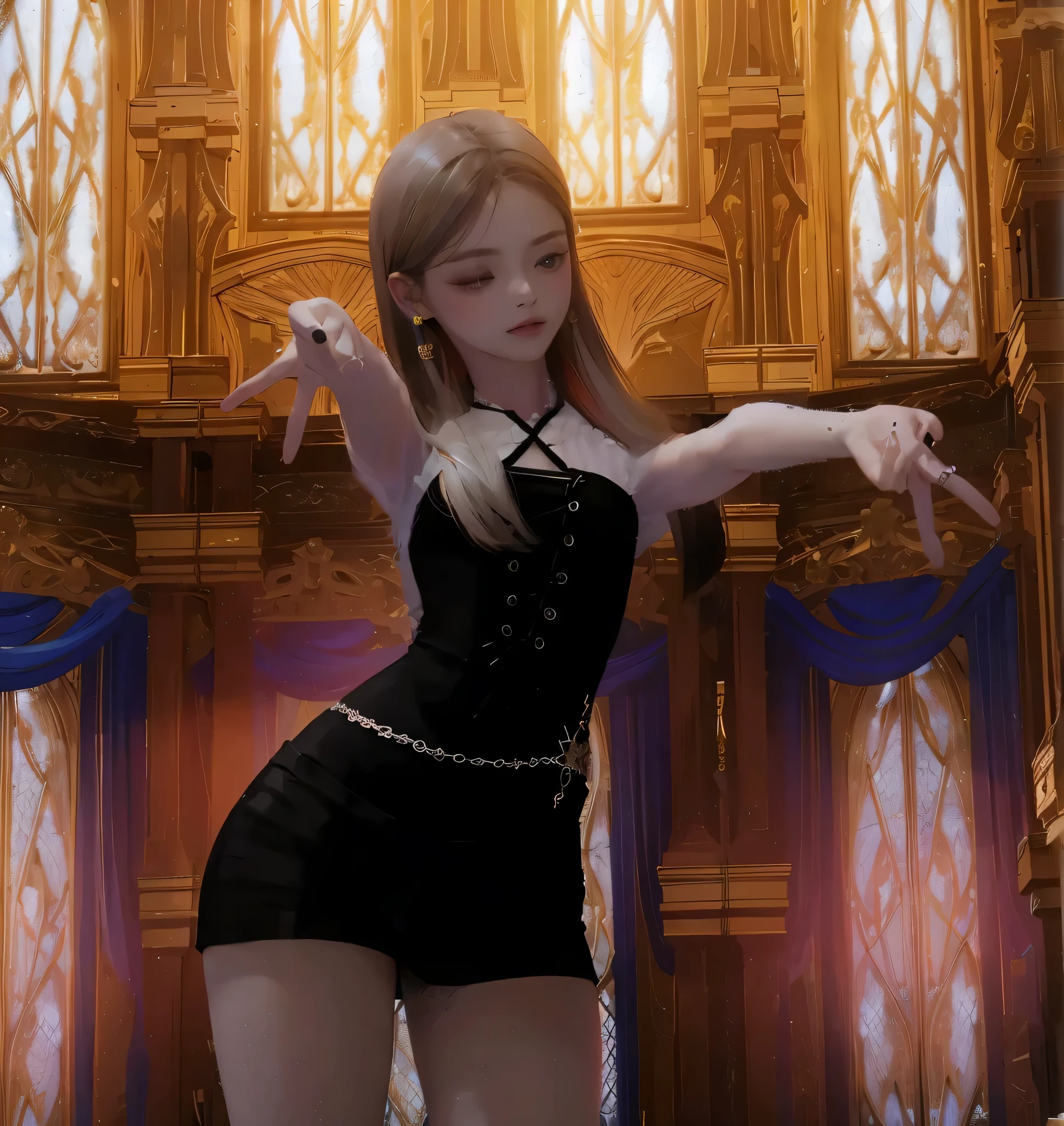 top quality, 1 woman, bright, (hair:1.5), (blouse:1.5), Very cool, (hair Float:1.1), soft light, Cathedral, wink, best quality, ultra high resolution, Cathedral 내부, ((masterpiece)),(((best quality))),((very detailed)),((illustration)),((Colorful refraction)), (8K Photos)
