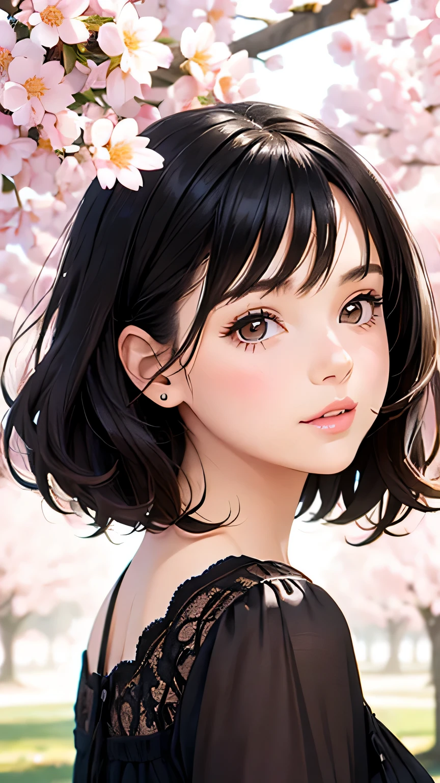 Girl in spring clothes, ((self snap)), random background, kiss, beautiful, flirty look, ((very detailed)), (perfectly detailed face),photorealistic images.black hair