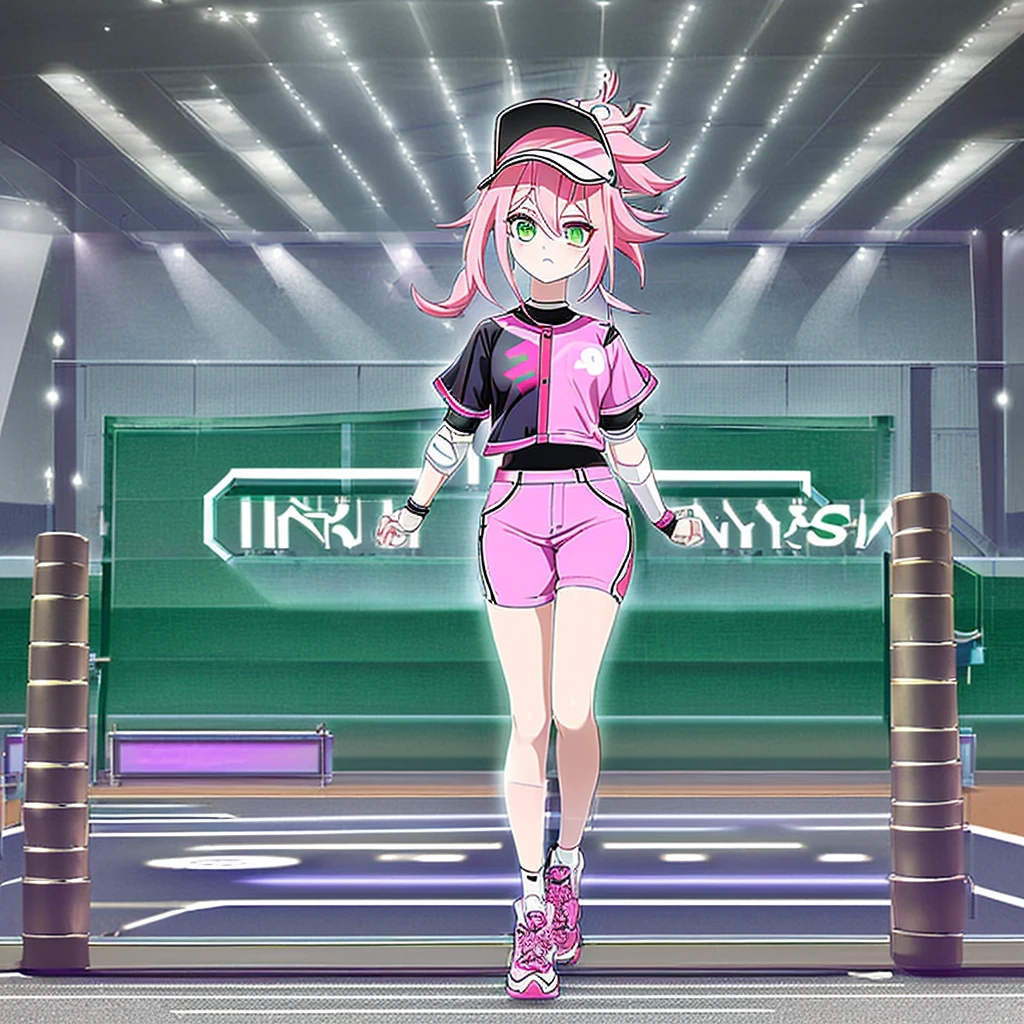 anime SPYxFAMILY，Anya Forger，pink hair,green eyes,5 years old,Hair that only reaches shoulders， Stand straight，Upper body figure， Stylish baseball uniform in black and white，stylish pants，Baseball cap with animal ears，fashion,Two dimensions，Stylish sneakers，a girl，hair down