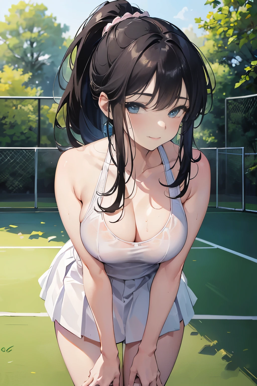 (Masterpiece,  best quality1.2), Raw picture of a Beautiful woman, tennis outfit, white bra, mini skirt, 1girl, (solo:1.2), (black hair), ponytail, parted hair, hair strands, beautiful eyes, (blue_eyes), pale pink lips, slender body, body curves, slim waist, sweaty body, exposed naval, medium breasts, (hands on back), leaning forward, (looking at the viewer, (blush), (smile:1.2), closed eyes, (saggy breasts), (cowboy_shot), vivid colors, ultra-detailed, (absurdres:1.2), 8K, HD, professional photography, natural lighting, tennis court background, green trees, tennis net, bright sunny day, facial expressions, (detailed face), thick eyebrows, leaning forward, (blurry_background), (facial details)