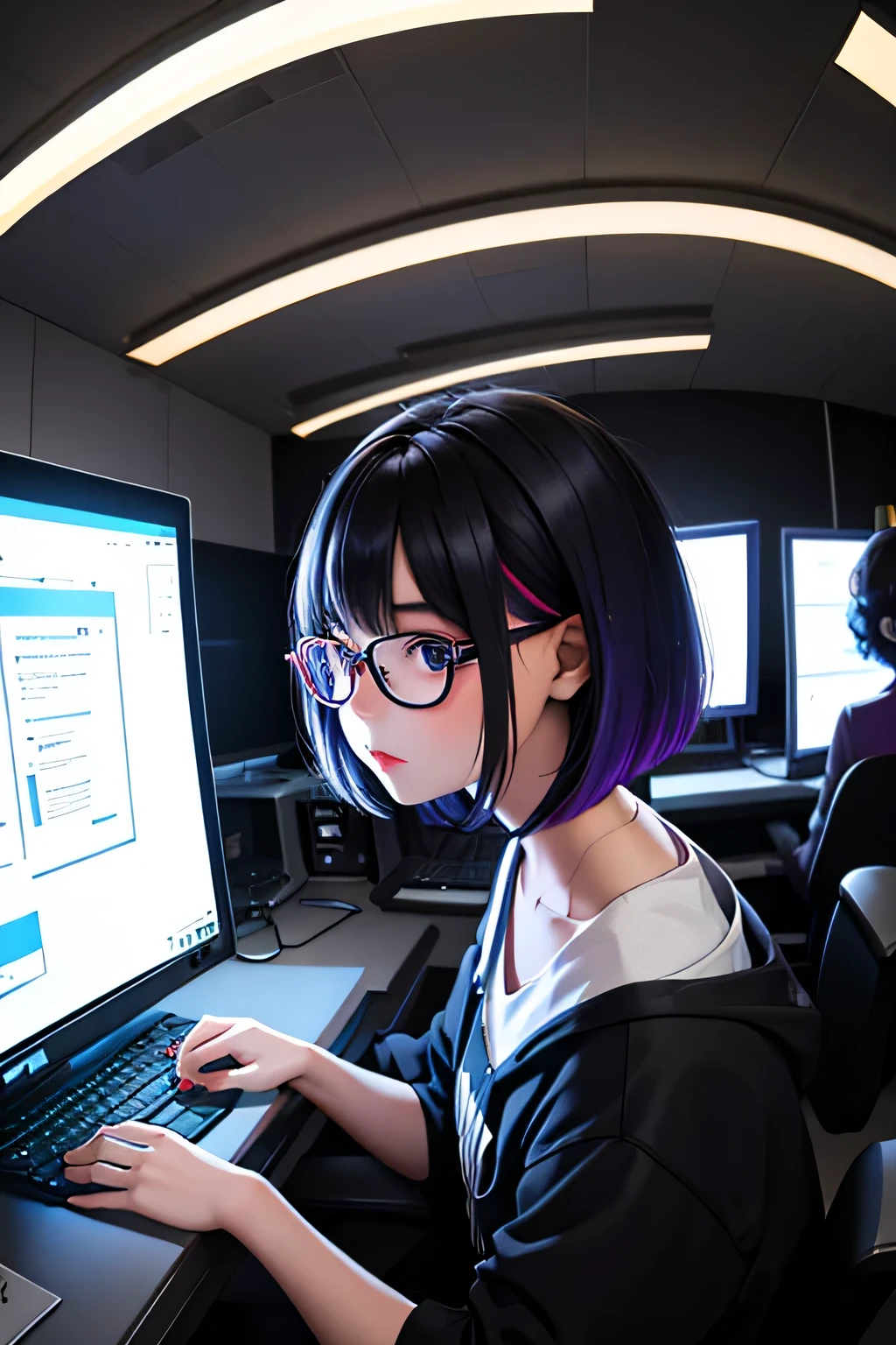 masterpiece,highest quality,Girl operating many computer screens in a dark room,colorful hair,bob hair,Glasses,Room wear,Girl operating a computer