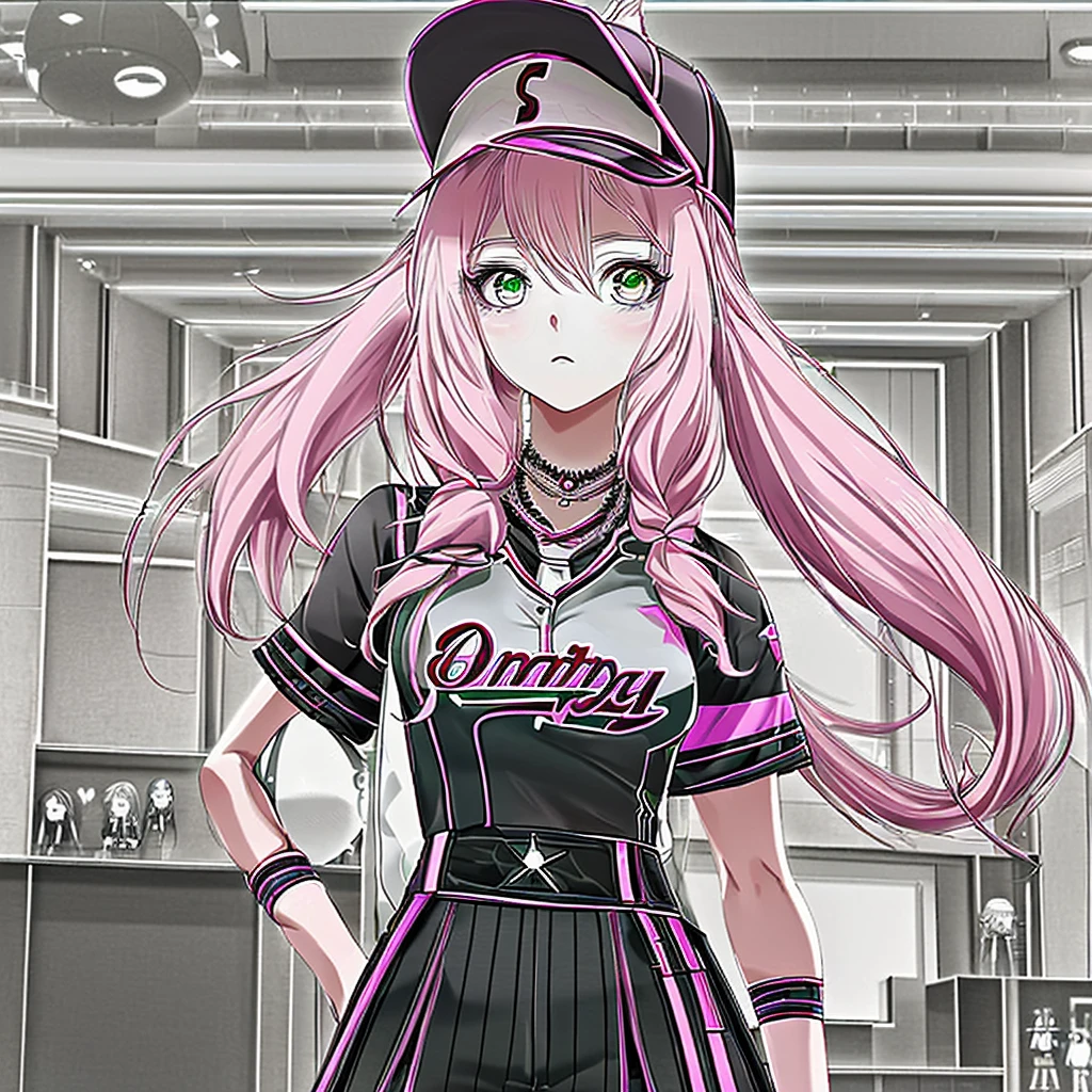 anime SPYxFAMILY,Anya Forger,pink hair,green eyes,5 ,Hair that only reaches shoulders, Stand straight,Only upper body picture included, Stylish baseball uniform in black and white,Baseball cap with animal ears,fashion,Two dimensions,a girl,hair down,