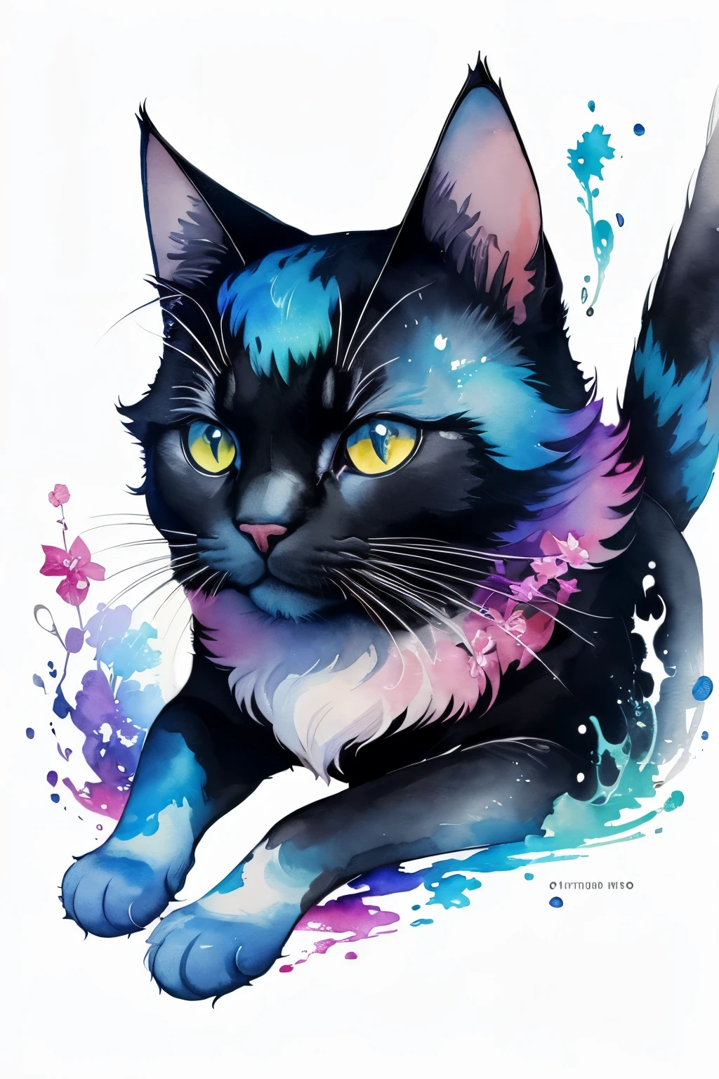 ((animal,watercolor painting,Cat,黒Cat,Munchkin,cute)),模様のないCat,黒いふわふわの子Cat,colorful flower art,blue eyes, mouth open, indoor,front view, action shot, Bright colors, high detail, logo design, Neo-Traditional Tattoo Styles, 2D, planar vector, Character Design, fantasy art, watercolor paintingのテクニック,watercolor effect, glitter effect,colorful, Gentle water droplets floating on the petals,star, shine,digital painting, pop,fancy, sticker