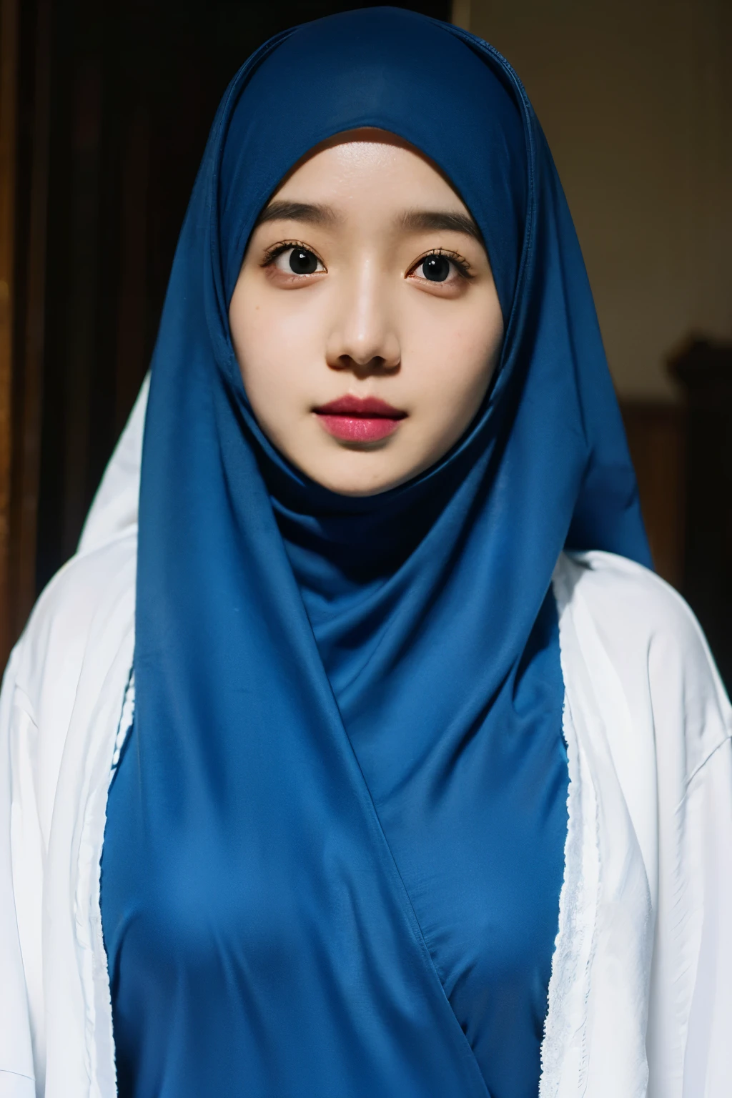 best quality, masterpiece, realistic:, luminate, beautiful muslim, hijab, twirling hijab, fully covered robe, 1 girl, blue hijab, blue eyes, Front, detailed face, beautiful eyes, close up shot, dark blue dress, tight dress, super shiny dress, ao dai dress, volumetric lighting, gorgeous body, moist skin, 50mm f1.4 lens, fully covered dress, ornamented robe, close up portrait, young face, cute asian face,