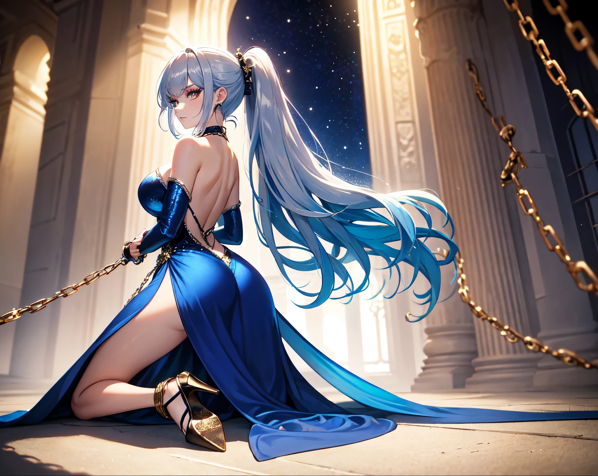 Prom background,Night dance ,Long silver-blue hair,Low ponytail,Close-up of kneeling down,(point you by her ass)Handcuffs with both hands,Royal sister,Chains and shackles on the body,(Elongated danphoenix eyes,eye shadow,long eyelashes),Messy hair,Elongated danphoenix eyes,eye shadow,Contact lenses,(Sequined off-the-shoulder gown,Gorgeous and extremely revealing gown,Backless,The shackles on the body:2.0),(big breast)ballroom background,(Soft light and shadow:1.9),Legs grow in two days,High heeled dancing shoes,,Detailedly drawn backgrounds