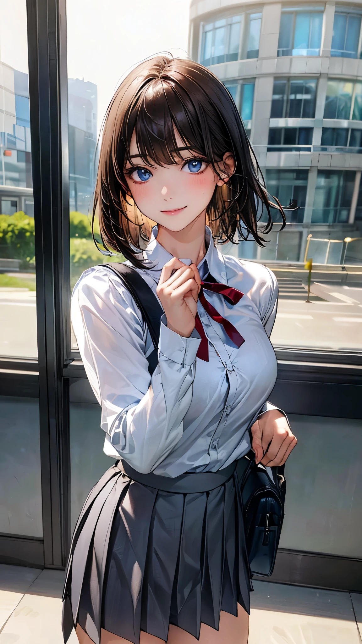 (masterpiece:1.2, top-quality), (realistic, photorealistic:1.4), beautiful illustration, (natural side lighting, movie lighting), nsfw,
looking at viewer, 1 girl, japanese, high school girl, perfect face, cute and symmetrical face, shiny skin,
(short hair:1.7, straight hair:1.2, dark brown hair), swept bangs, dark blue eyes, long eye lasher, (medium breasts), slender,
beautiful hair, beautiful face, beautiful detailed eyes, beautiful clavicle, beautiful body, beautiful chest, beautiful thigh, beautiful legs, beautiful fingers,
((white collared shirts, grey box pleated mini skirt), dark red neck ribbon), school bag,
(beautiful scenery), evening, (school class room), standing, (point at viewer, smile, open mouse),