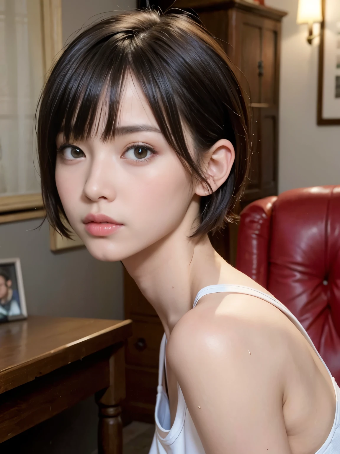 top-quality,.masterpiece,Raw photography,8K,Top image quality,Top resolution,Beautiful face in every detail,Very detailed,Gentle expression,One lady,realisitic,photo realisitic,Bery short hair,Beautuful Women,cute Japanese girls,mannish,Pretty Woman,Her eyes are big,20-year-old beauty,her face is small,small head,long neck,pale skin,Spot-free skin,With bangs,eight heads tall,basketball red uniform,skinny body,Sweat , wet,face focus , leaning forward ,arched back,contrapposto,from side,look at viewer