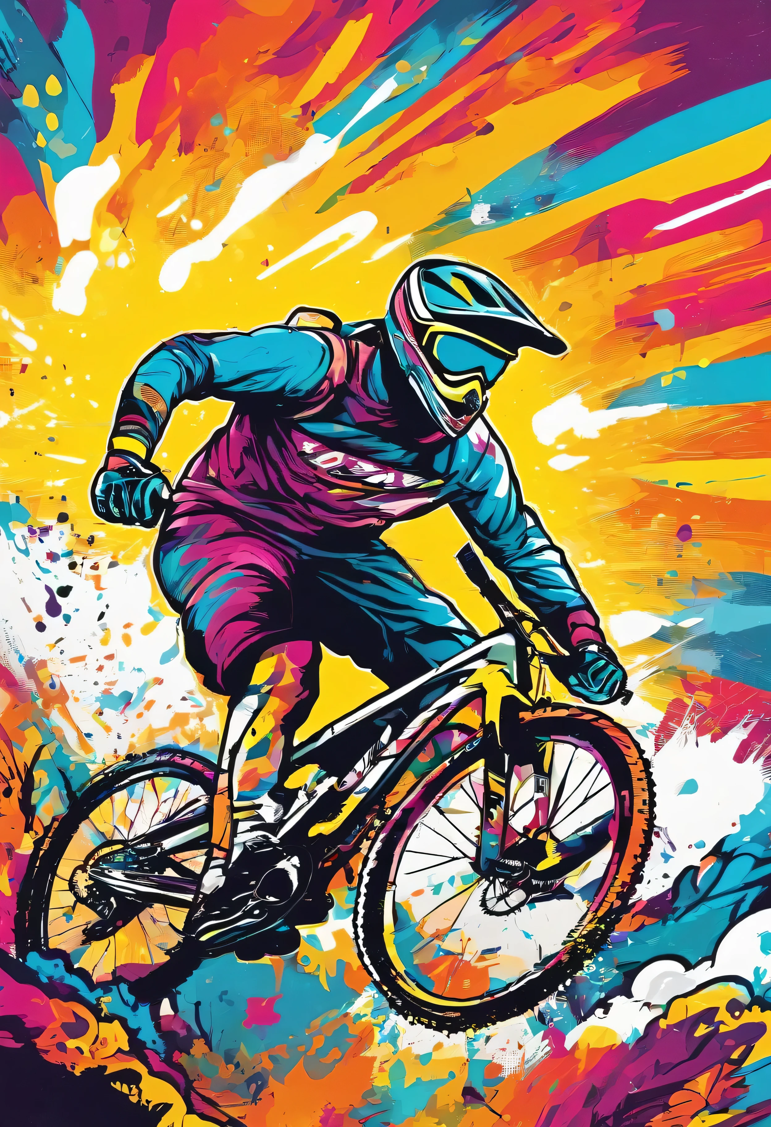 Champion de VTT de descente, at the mountain, une descente, en pleine action, explosion peinture, hectic, vitesse, vue proche