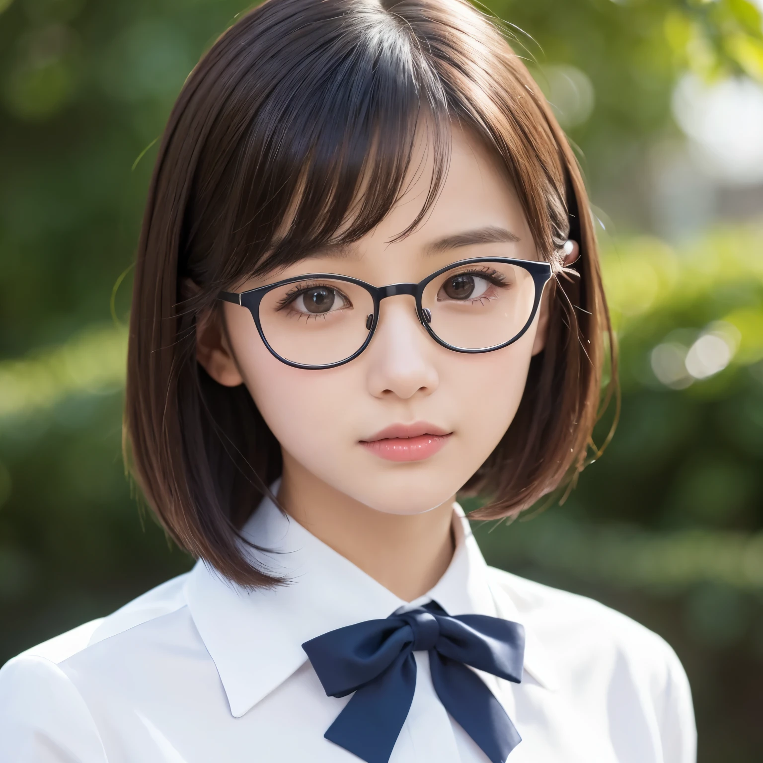 (highest quality、table top、8K、best image quality、Award-winning work)、One cute high school girl、16 years old、(close up of face:1.3)、glossy lipstick、Shiny ultra-high detail lips、 alone、The most realistic、Super detailed depiction、detailed face、close up of face、Shiny ultra-high definition skin、white high school uniform shirt made of polyester、uniform ribbon on chest、naive girl、look at me、Premonition of romantic love、Moist and sparkling eyes、uniform ribbon on chest、straight short hair、Beautiful smooth berry short hair、The most detailed super high detail short hair、Classy glasses、The background is refreshing colors and the scenery of youth..、Background outside school、(look at me恥ずかしい微笑み:1.1)