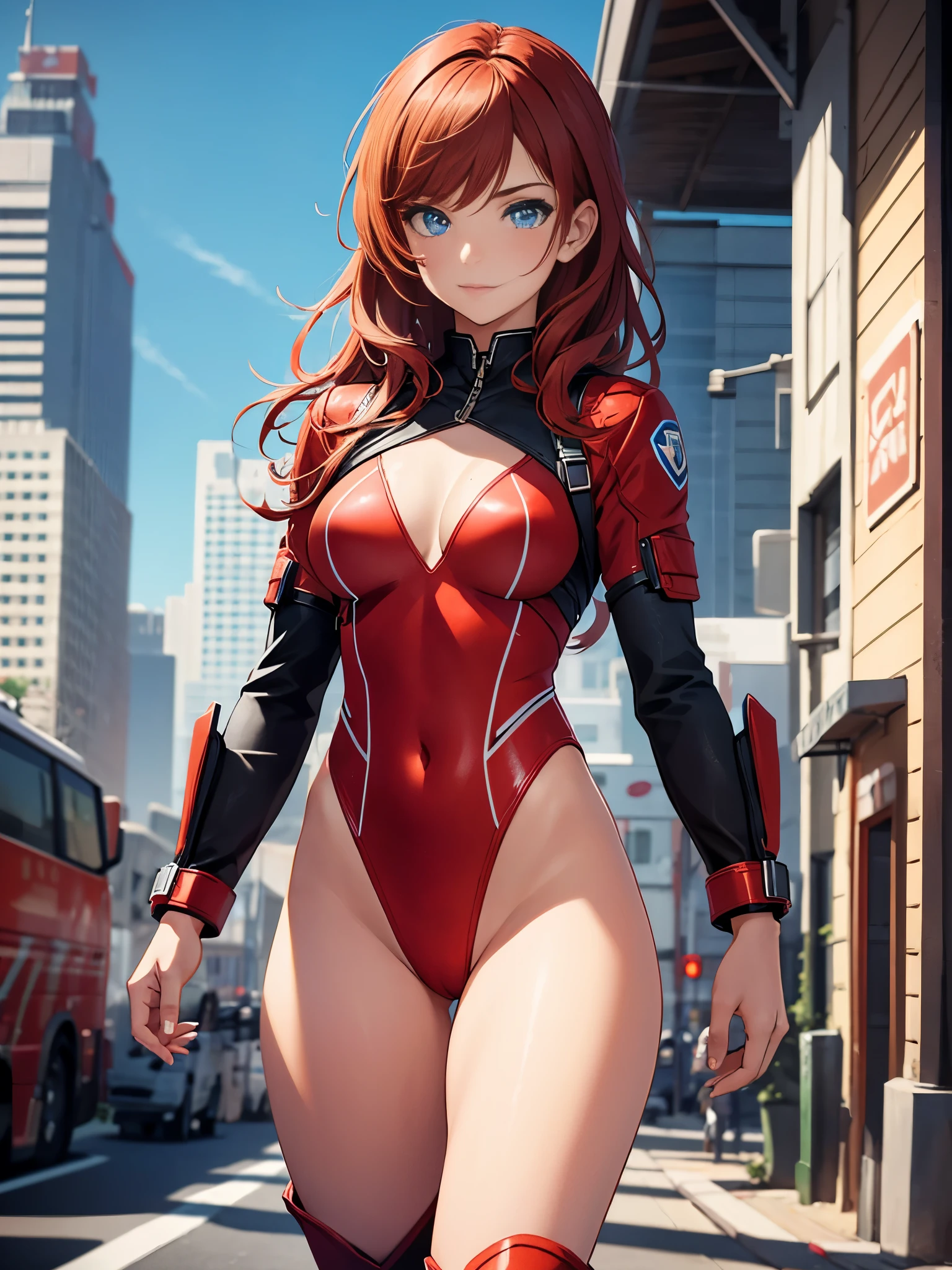 1girl, medium breasts, leotard, red leotard with blue accents, bare legs, boots, matching boots, bracelets, city backdrop, solo, single, standing, full body shot, cowboy shot, beautiful detailed eyes, blue eyes, mature lady, red hair, medium hair, superhero 