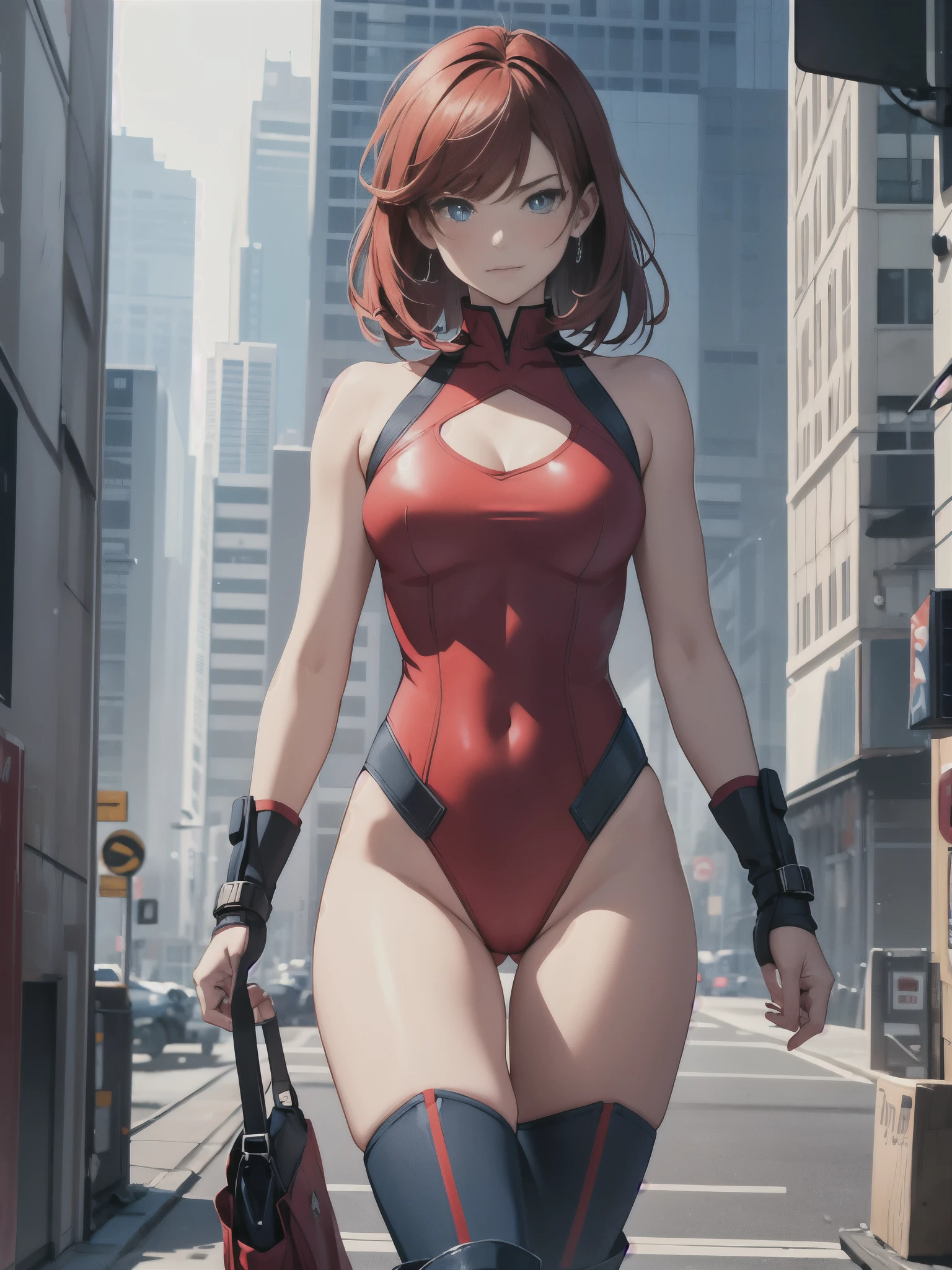 1girl, medium breasts, leotard, red leotard with blue accents, bare legs, boots, matching boots, bracelets, city backdrop, solo, single, standing, full body shot, cowboy shot, beautiful detailed eyes, blue eyes, mature lady, red hair, medium hair, superhero 