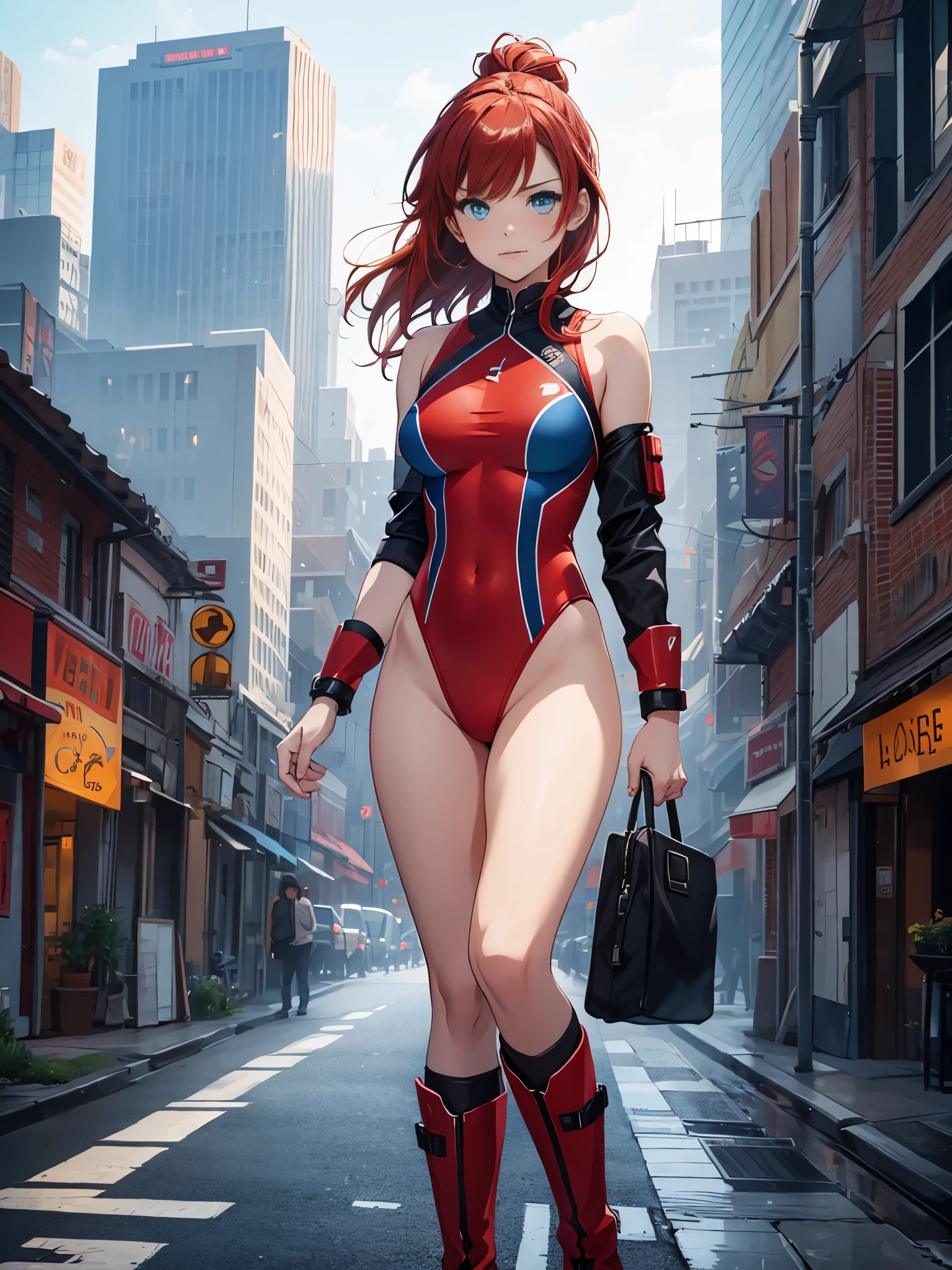 1girl, medium breasts, leotard, red leotard with blue accents, bare legs, boots, matching boots, bracelets, city backdrop, solo, single, standing, full body shot, cowboy shot, beautiful detailed eyes, blue eyes, mature lady, red hair, medium hair, superhero