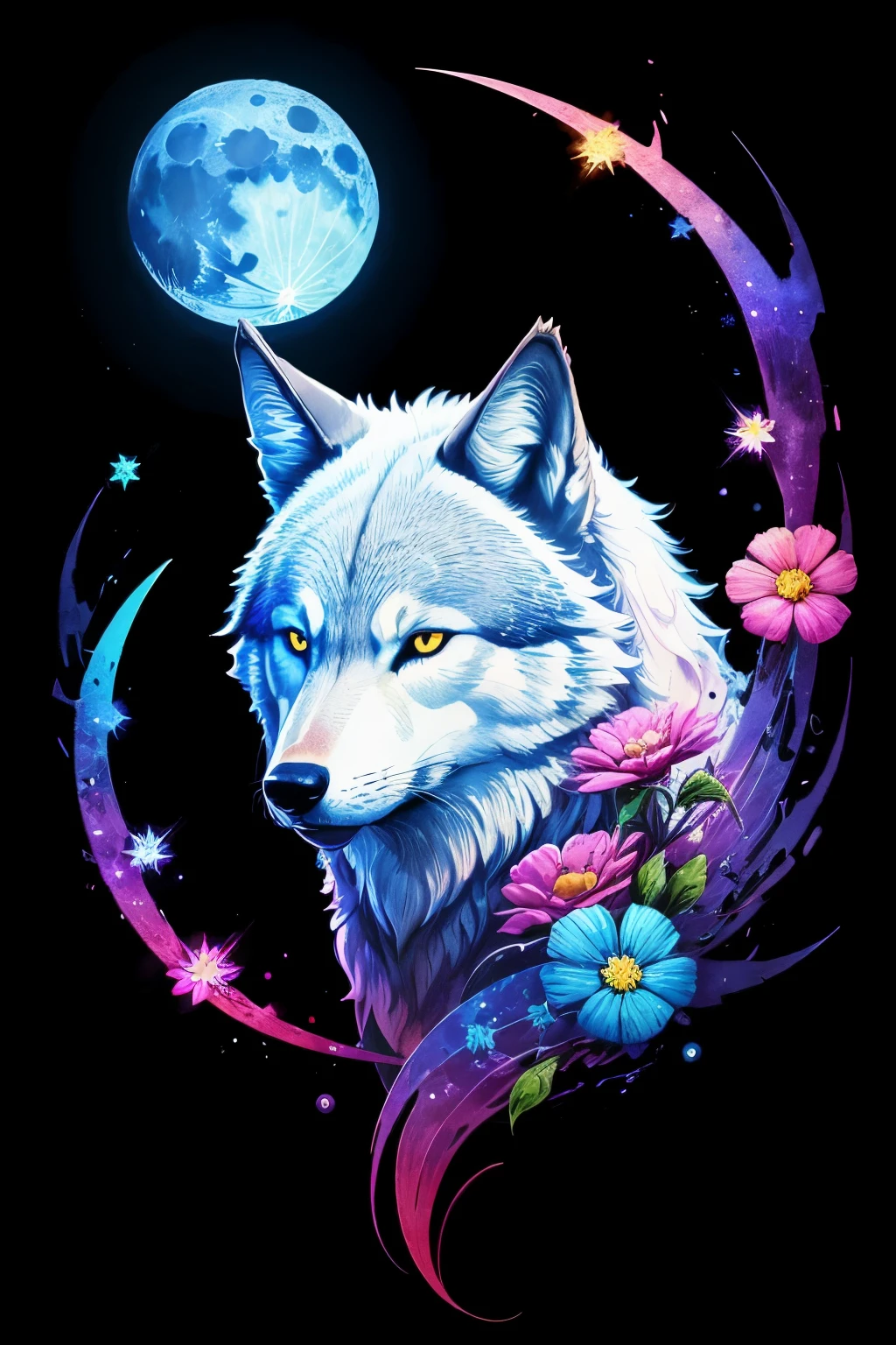 (animal,watercolor painting,Wolf,Wolf)),cool,noble,colorful flower art,moon,star,front view, action shot, Bright colors, high detail, Black background, logo design, Neo-Traditional Tattoo Styles, 2D, planar vector, Character Design, fantasy art, watercolor effect, glitter effect,Gentle water droplets floating on the petals,moonが輝いている,digital painting, pop,fancy, sticker