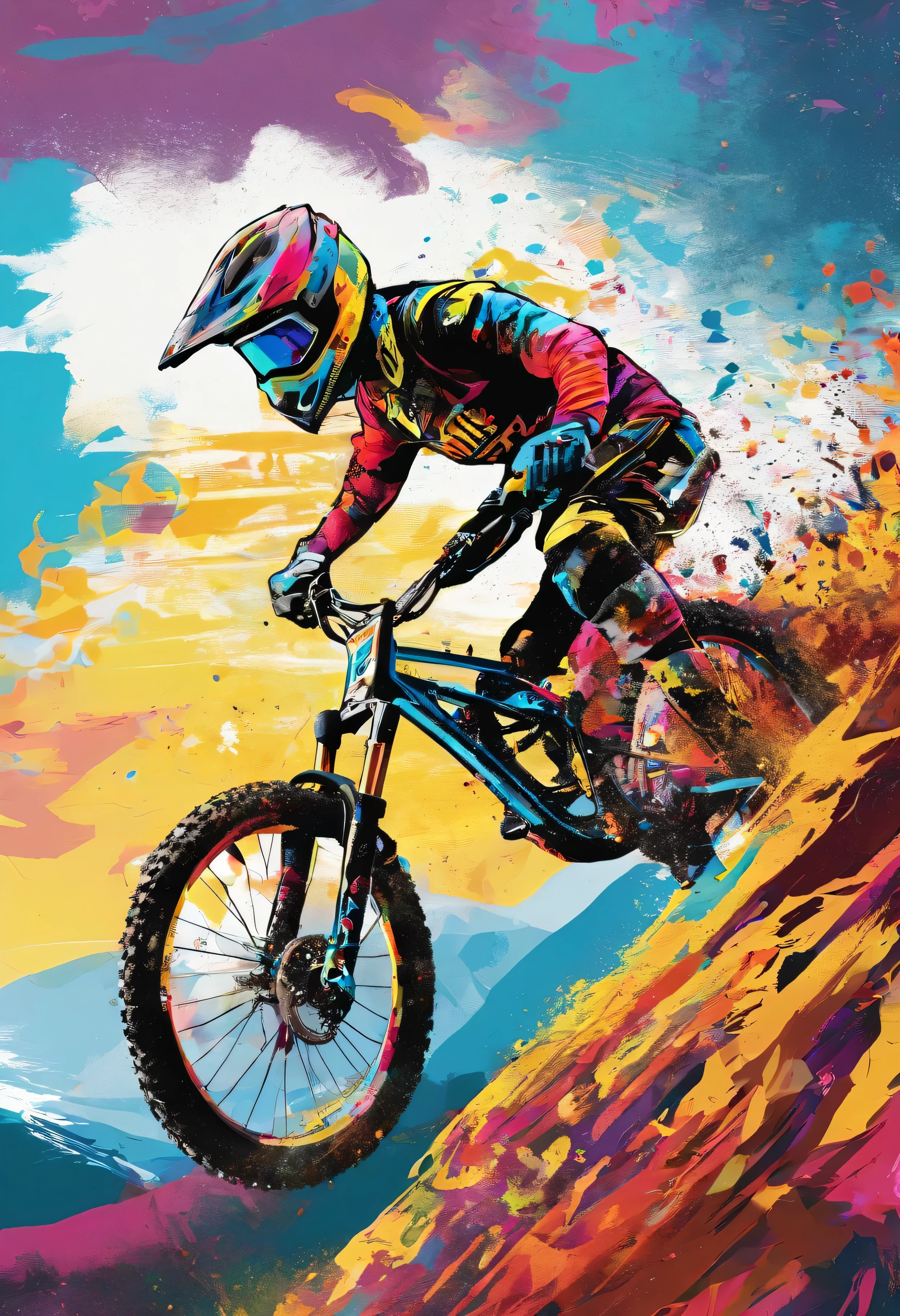 (meilleure qualité,4k,8K,haute résolution,chef-d&#39;œuvre:1.2),ultra-détaillé,(réaliste,photoréaliste,photo-réaliste:1.37),champion de VTT de descente,dans les montagnes,pleine action,explosion de peinture,dynamique,mouvement,vitesse rapide,Vue rapprochée,descente rapide,sentier de montagne,Adrénaline,sport extrême,cavalier professionnel,concentration,concentration intense,Contrôle précis,manœuvres techniques,intrépide,audacieux,énergie explosive,terre volante,Terrain boueux,aventureux,paysage captivant,de superbes sommets montagneux,pentes raides,forêt dense,obstacles rocheux,des sauts à couper le souffle,Cascades défiant la gravité,coeur battant,performance animée,flips et astuces spectaculaires,visibilité limitée,atmosphère poussiéreuse,éclat de couleurs,expérience à indice d&#39;octane élevé,montée d&#39;adrénaline,absorption des suspensions,dynamique motion blurring,la beauté brute de la nature,vitesse exaltante,Agilité étonnante,Corps athlétique,dévouement et compétence,compétition de haute intensité,la photographie,sport d&#39;action,excitation.