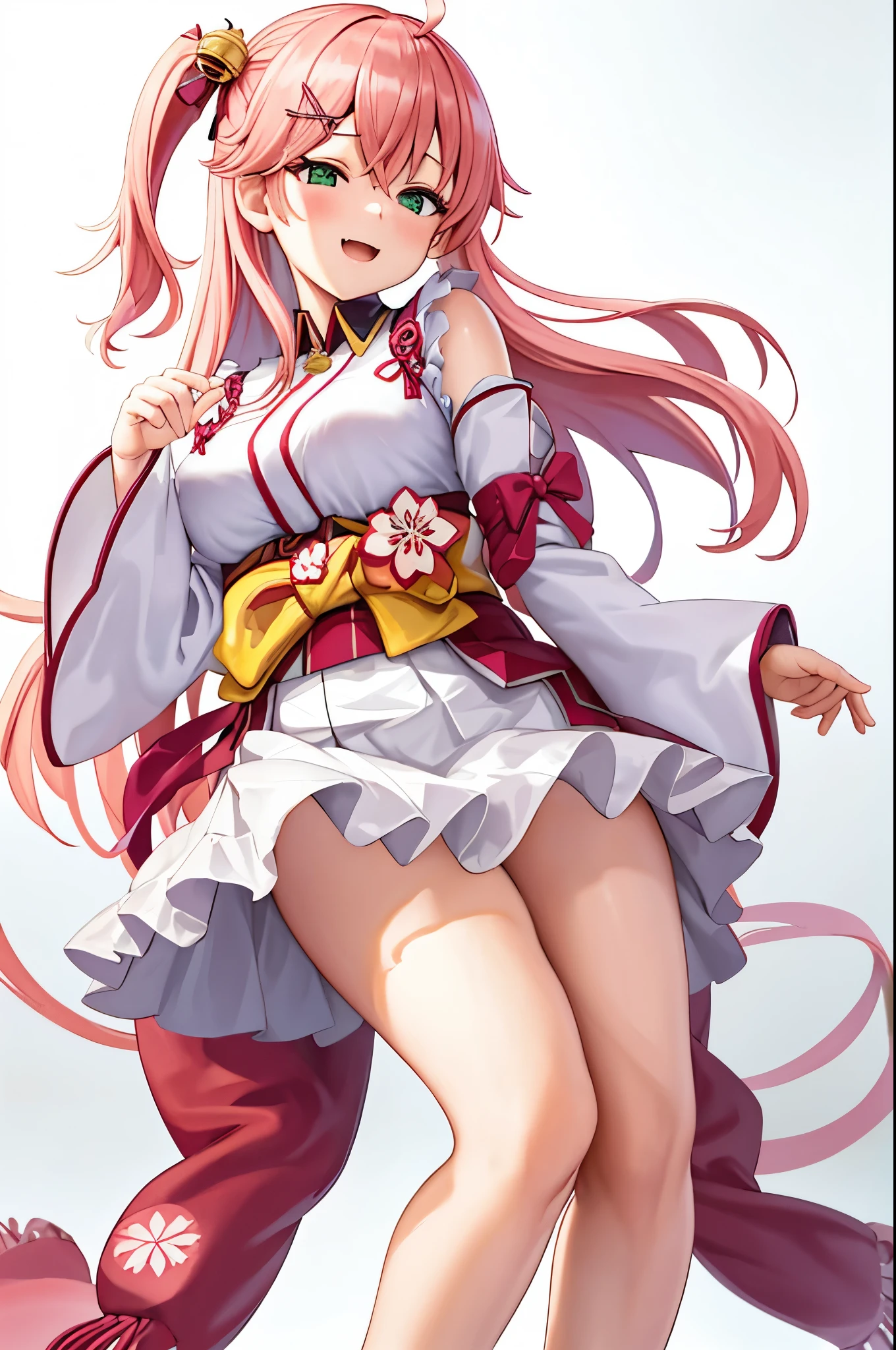 masterpiece, best quality, highres, sakura_miko, 1girl, (:1.3),medium_breasts, kimono, solo, ahoge, x_hair_ornament, pink_hair, floral print, hairclip,(side_less_clothes:1.3), (side_breasts:1.3), hair_bell, floral print, long_hair, hair between eyes, one side up, white_thighhighs, wide sleeves, open_mouth,(happy:1.3),green_eyes,smile,apart_legs,(overly_long_sleeves:1.3),),sleeves_past_wrists,hands_hidden_sleeves,sidelock_clothes,solo,hidden_wrists,(XD:1.5),covered_nipples,sunlight,(bare_flank:1.3),boots,open_mouth,kimono,close_eyes,.