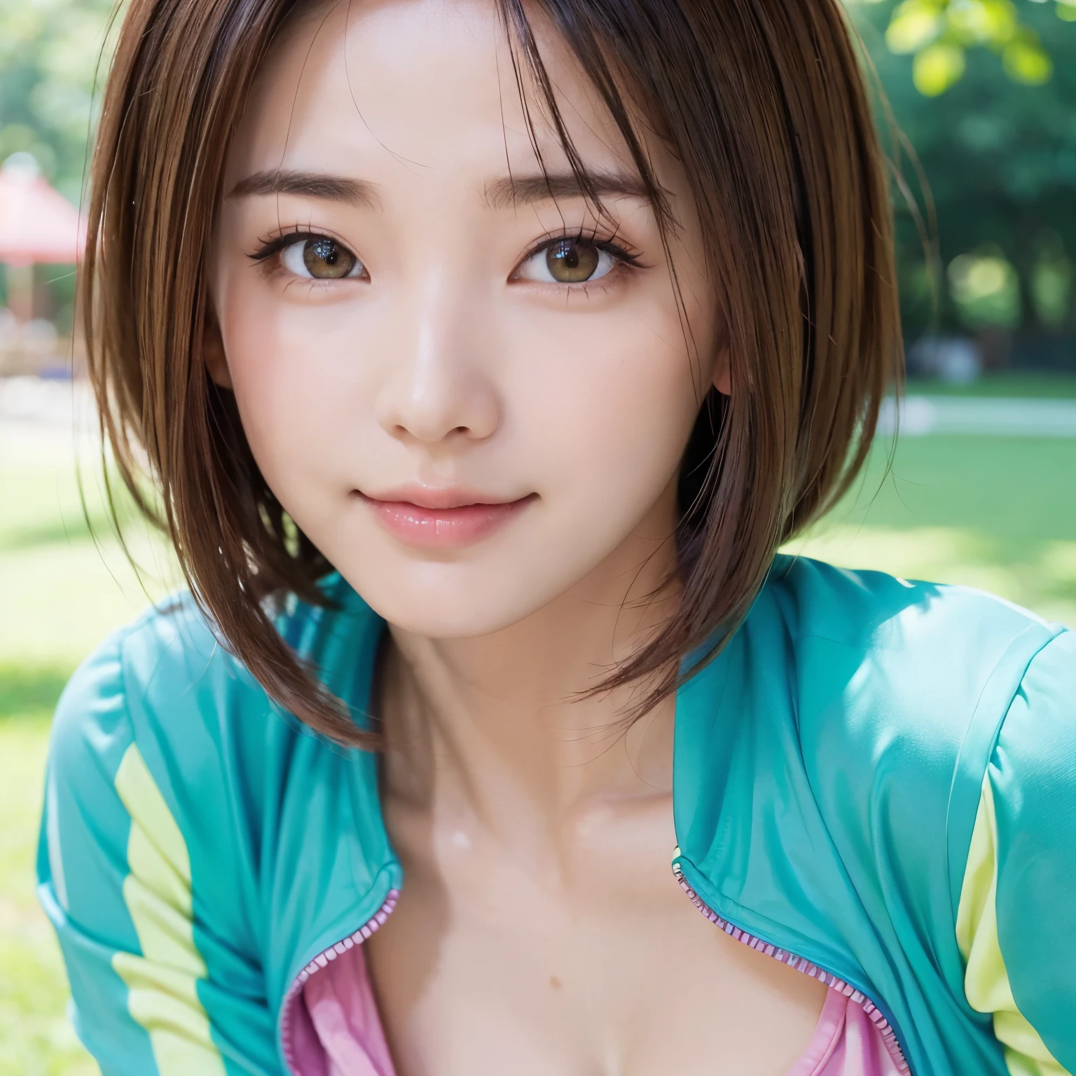 (highest quality、table top、8K、best image quality、Award-winning work)、one beautiful woman、Shining beautiful skin、(the most stylish pink tracksuit:1.2)、(Unzip the jersey and show a little cleavage:1.3)、(The most natural and perfect tracksuit:1.4)、Shining ultra-high definition skin、(accurate anatomy:1.3)、A gentle smile looking at me、(seduce me:1.1)、(photo from the chest up:1.05)、(close up of face:1.2)、Standing gracefully、(Blurry park background:1.2)、portrait photography、(draw softly and smoothly:1.1)、(very bright and vivid:1.1)、very romantic、光を受けてShining beautiful skin、(very bright and refreshing:1.2)、(the most detailed and perfect face:1.1)、(most detailed glowing eyes:1.1)、(beautiful and moisturized skin:1.1)、(1 person:1.1)、(alone:1.1)