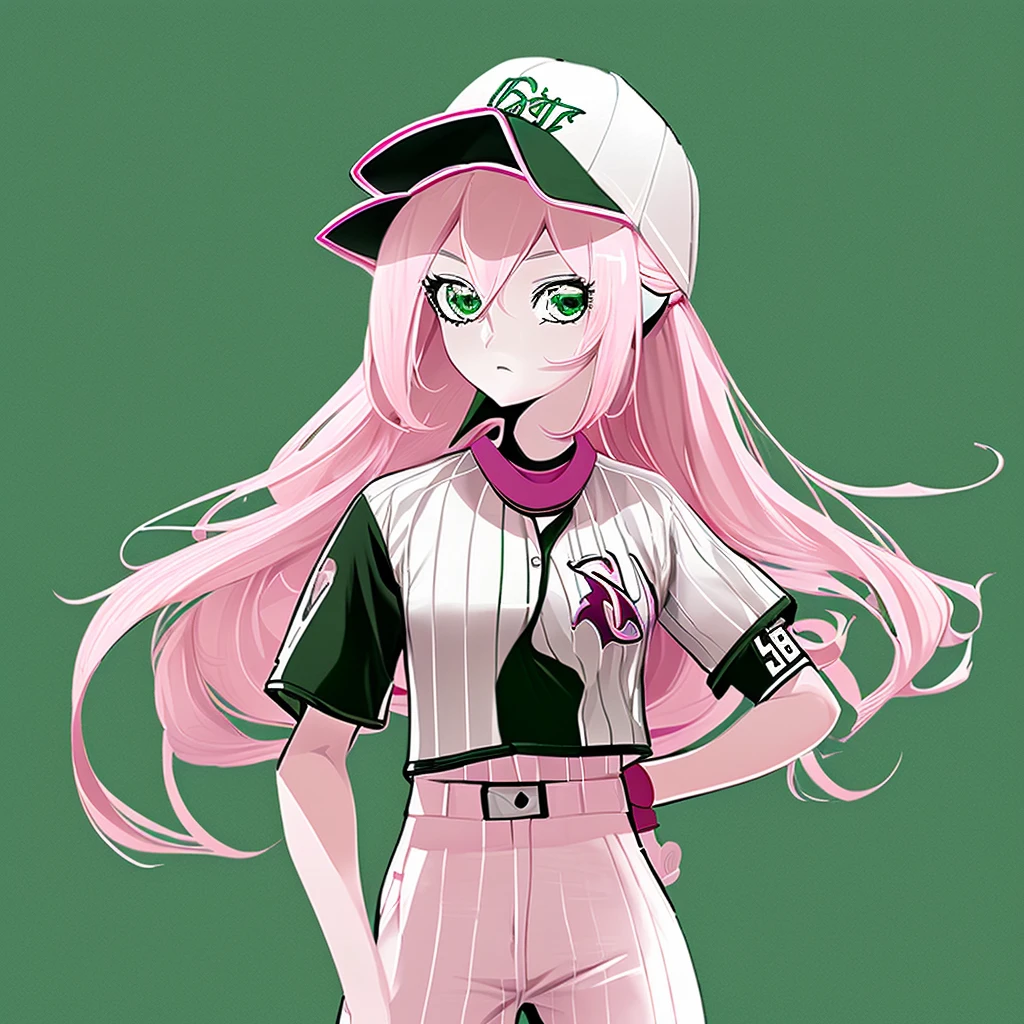 simple background，pink hair,green eyes,5 years old,Hair that only reaches shoulders， Stand straight，Only upper body picture included， Stylish baseball uniform in black and white，Baseball cap with animal ears，fashion,Two dimensions，a girl，hair down，flat chest，