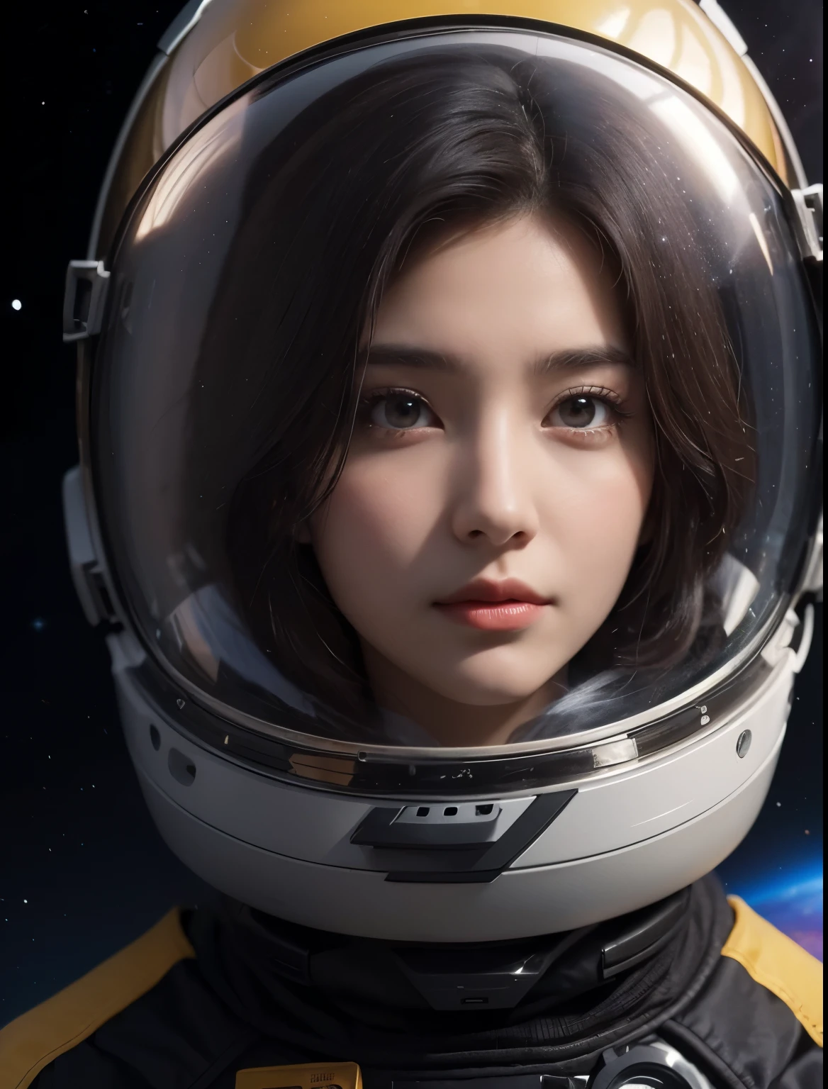 A beautiful woman. Twenty years old. Dark brown hair. She has a tense expression on her face.A simple space suit. No visor. An image of a multidimensional universe in her background.
